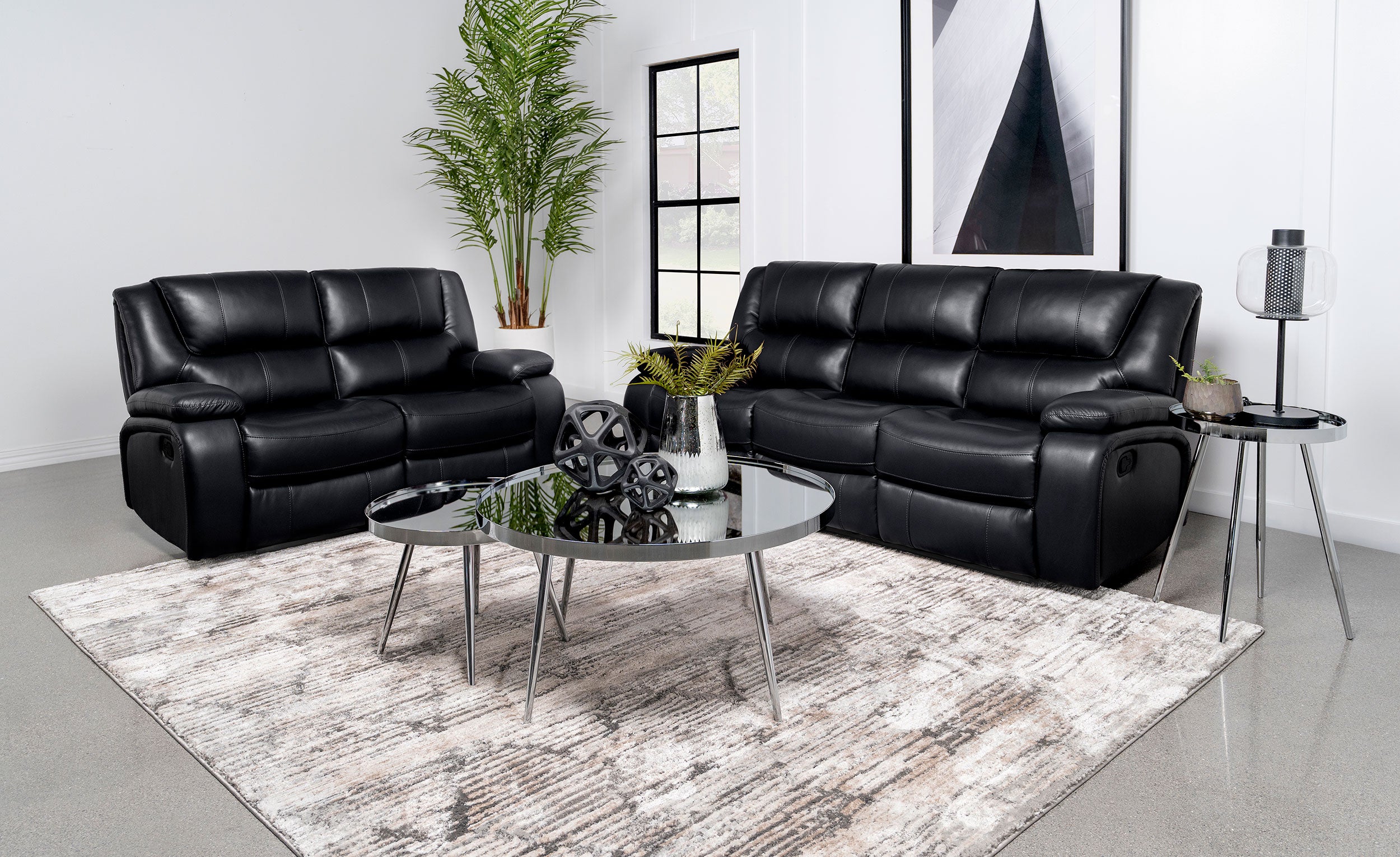 Camila 2-piece Upholstered Motion Reclining Sofa Set Black - MyWaynesHome #