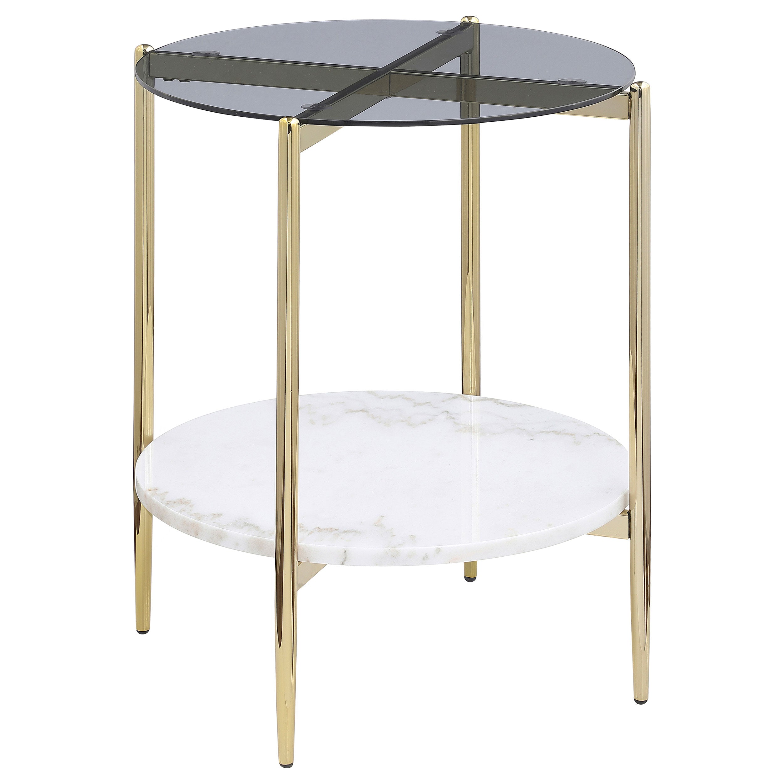 Jonelle Round Glass Top End Table White Marble Shelf Gold - MyWaynesHome #