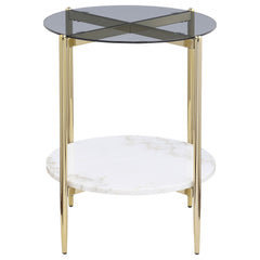 Jonelle Round Glass Top End Table White Marble Shelf Gold - MyWaynesHome #