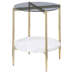 Jonelle Round Glass Top End Table White Marble Shelf Gold - MyWaynesHome #