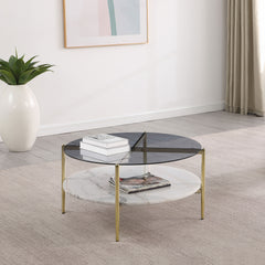 Jonelle Round Glass Top Coffee Table White Marble Shelf Gold - MyWaynesHome #
