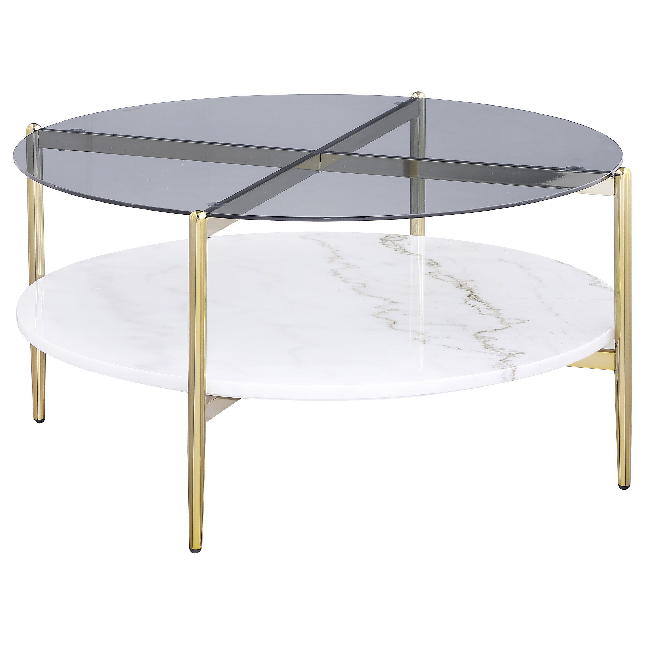 Jonelle Round Glass Top Coffee Table White Marble Shelf Gold - MyWaynesHome #