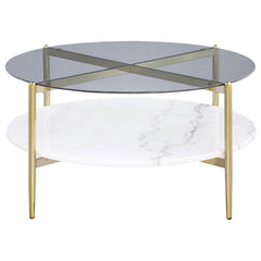 Jonelle Round Glass Top Coffee Table White Marble Shelf Gold - MyWaynesHome #