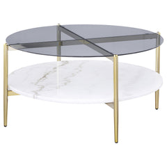 Jonelle Round Glass Top Coffee Table White Marble Shelf Gold - MyWaynesHome #