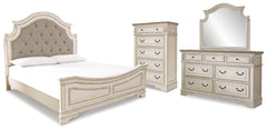 Realyn King Panel Upholstered Bed, Dresser, Mirror and Chest