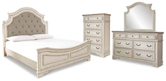 Realyn King Panel Upholstered Bed, Dresser, Mirror and Chest