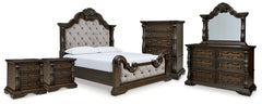 Maylee King Upholstered Bed, Dresser, Mirror, Chest and 2 Nightstands