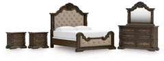 Maylee King Upholstered Bed, Dresser, Mirror and 2 Nightstands