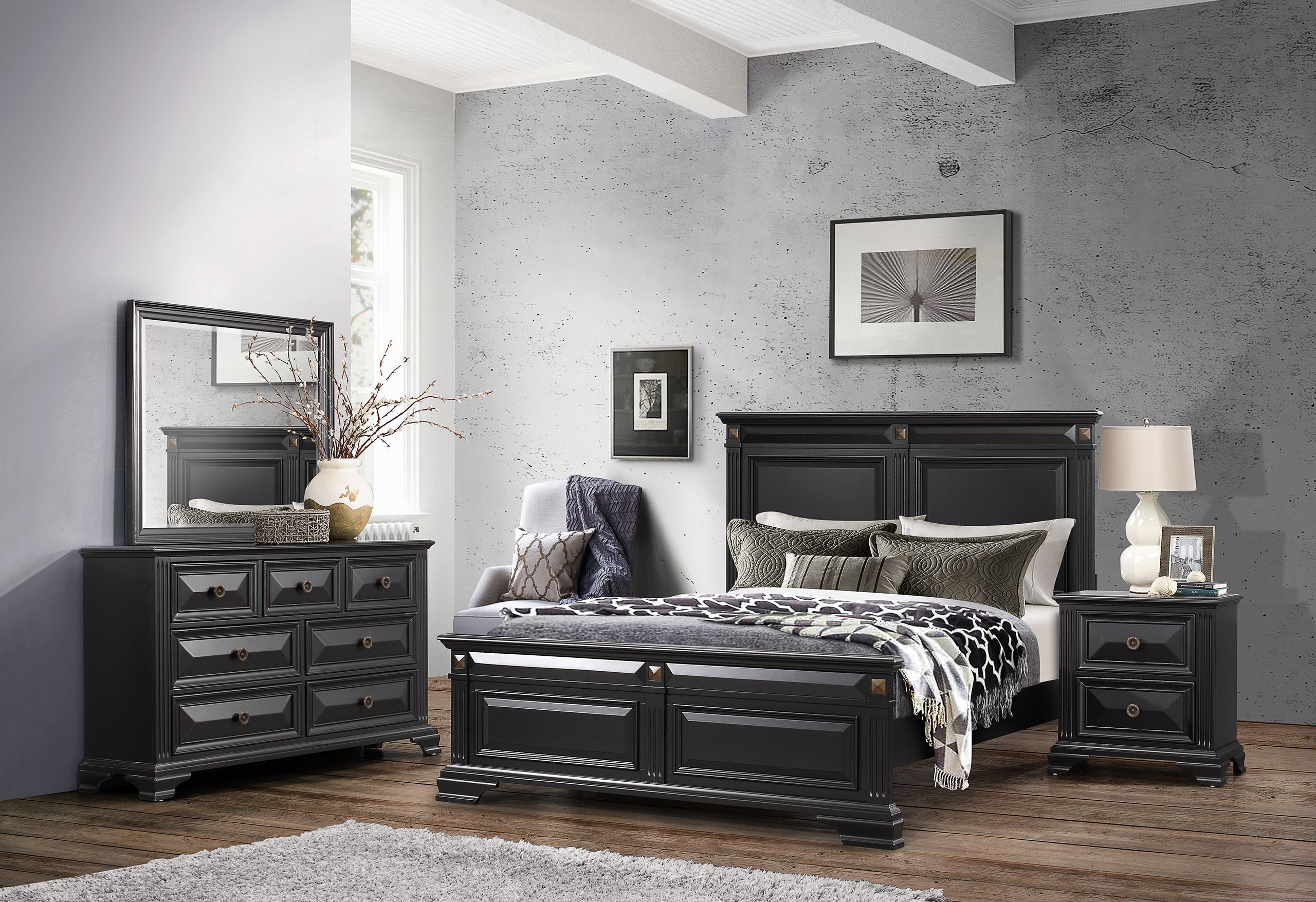 Global Furniture Carter Queen Panel Bedroom Set 5 Pcs in Black, Wood, Metal, Acacia veneers