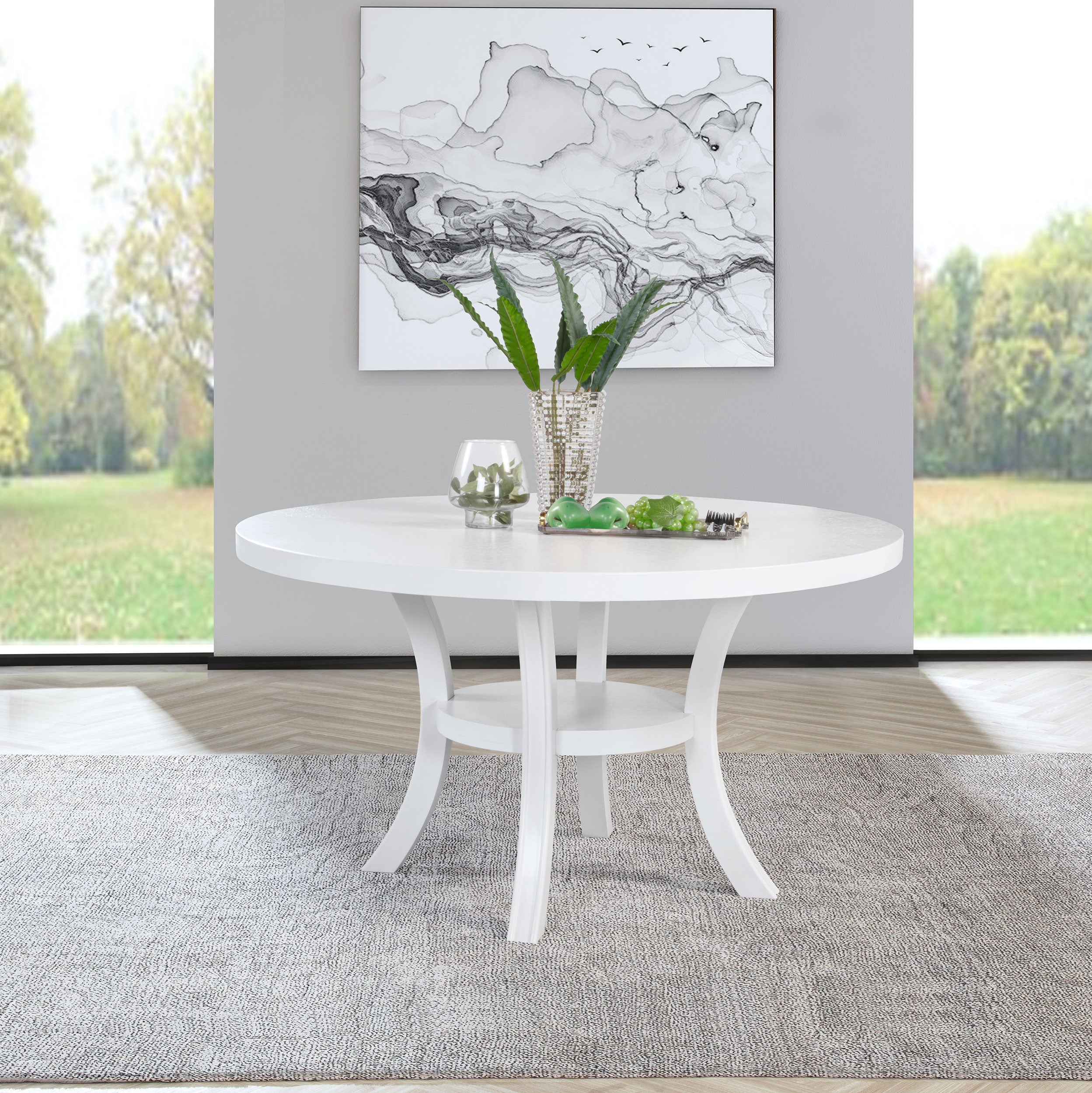 Judd 54-inch Round Dining Wood Table With Shelf Pearl White