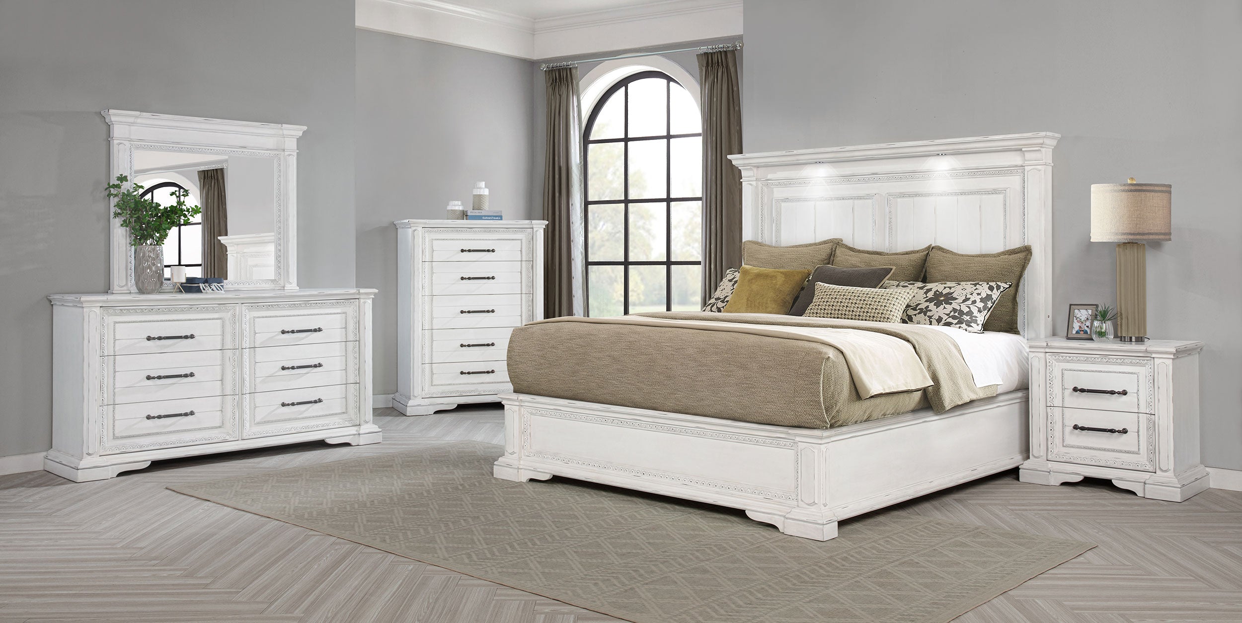 Mckinney Eastern King Led Light Panel Bed Vintage White