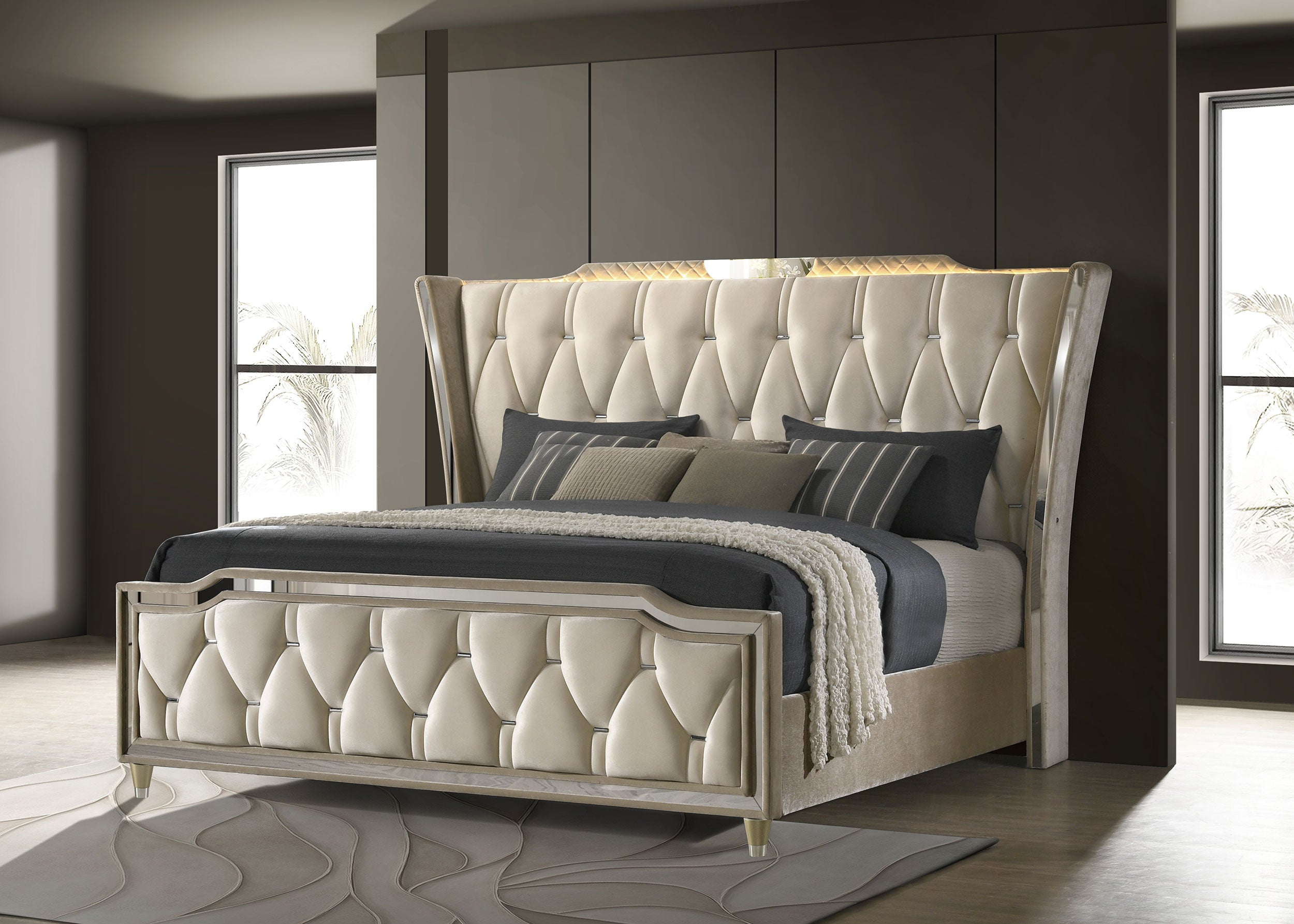 Lorient Eastern King Led Upholstered Bed Ivory And Camel