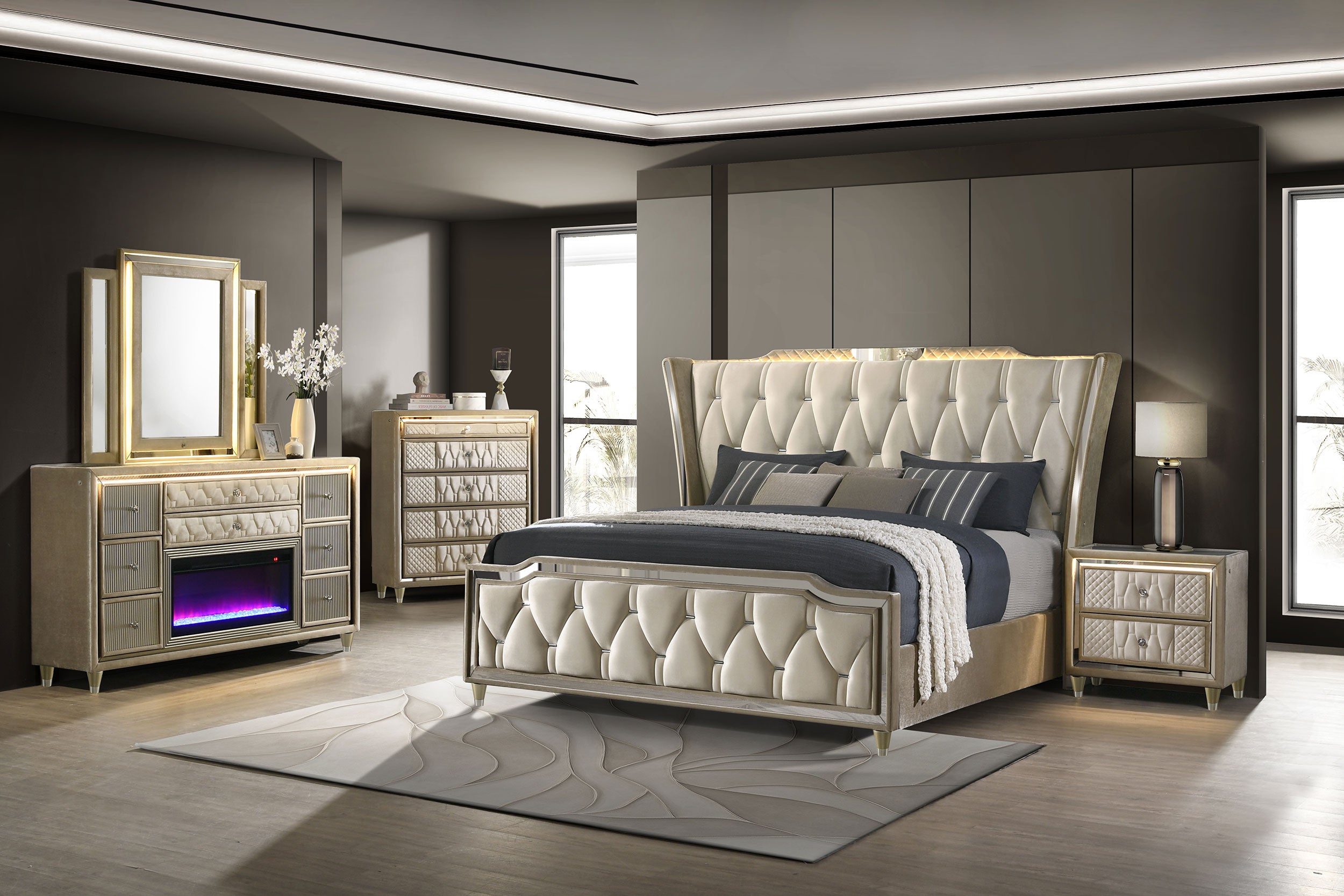 Lorient 8-drawer Led Flame Box Dresser And Mirror Ivory Camel