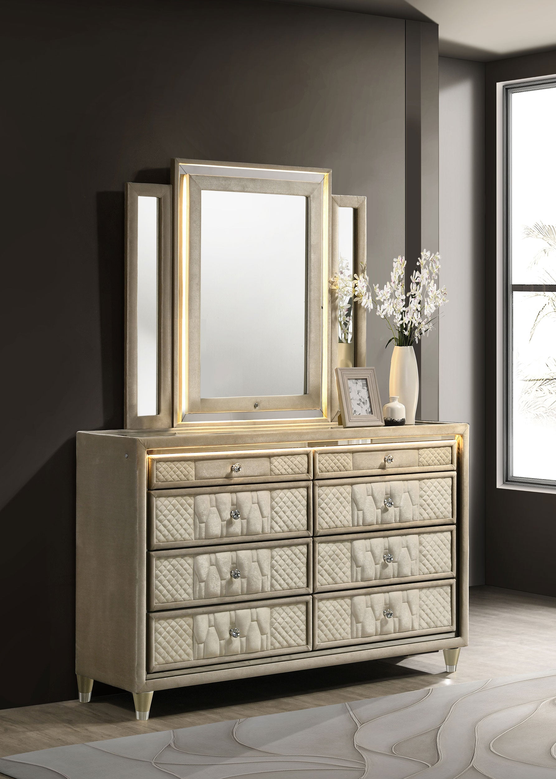 Lorient 8-drawer Led Dresser With Mirror Ivory And Camel