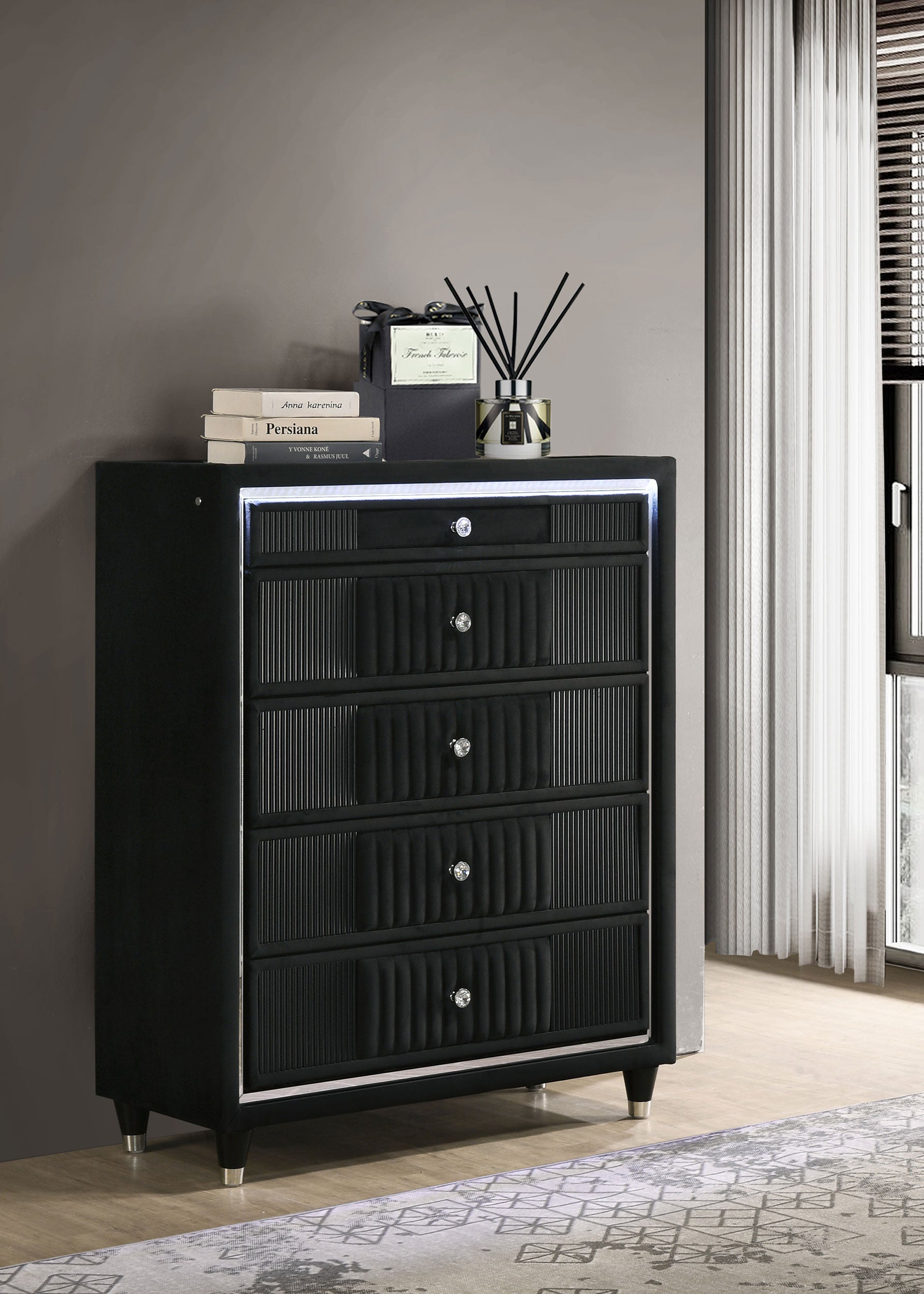 Ravenne 5-drawer Velvet Upholstered Led Chest Of Drawers Black