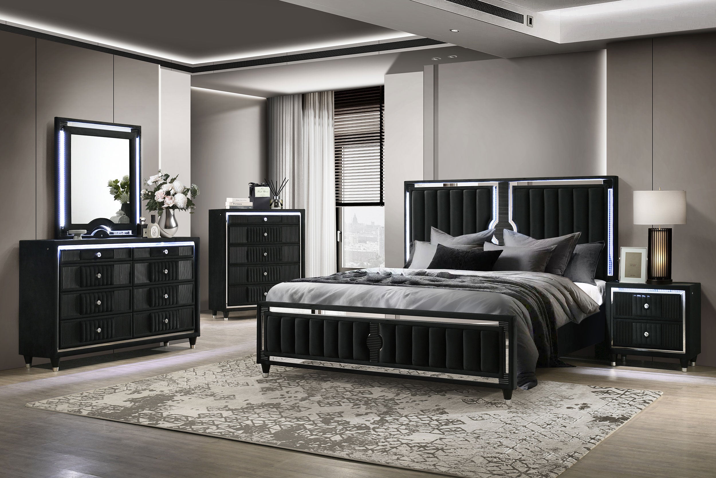 Ravenne 5-drawer Velvet Upholstered Led Chest Of Drawers Black