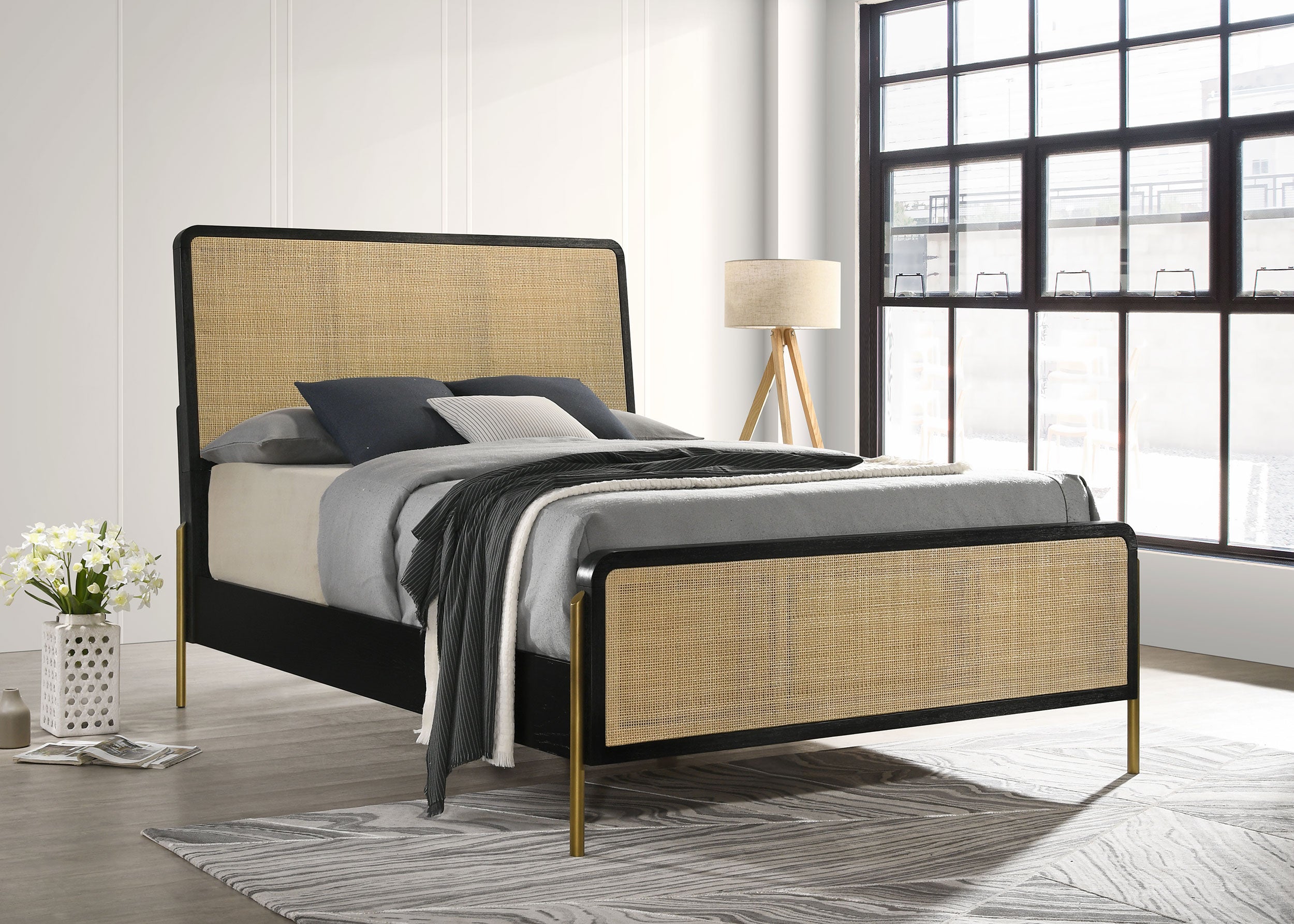 Arini Rattan Queen Panel Bed Black And Natural