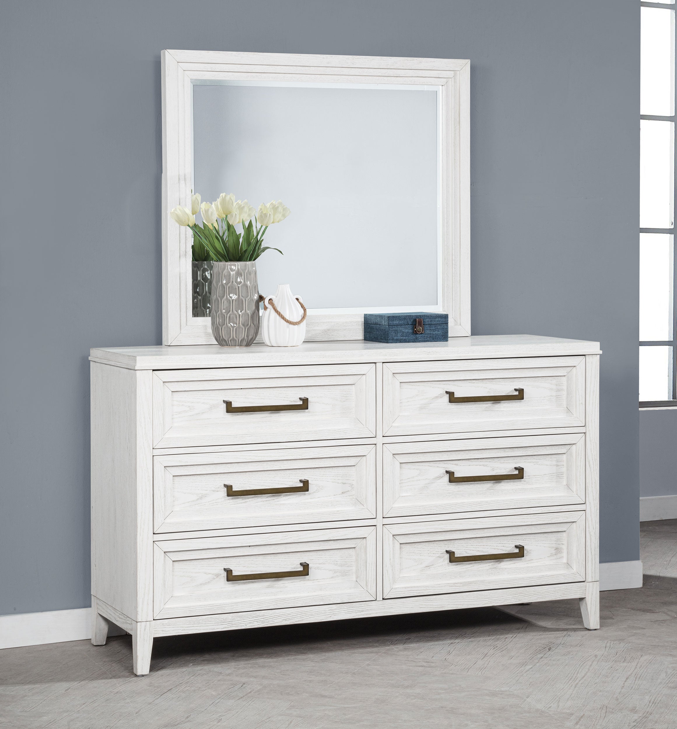Marielle 6-drawer Dresser With Mirror Distressed White