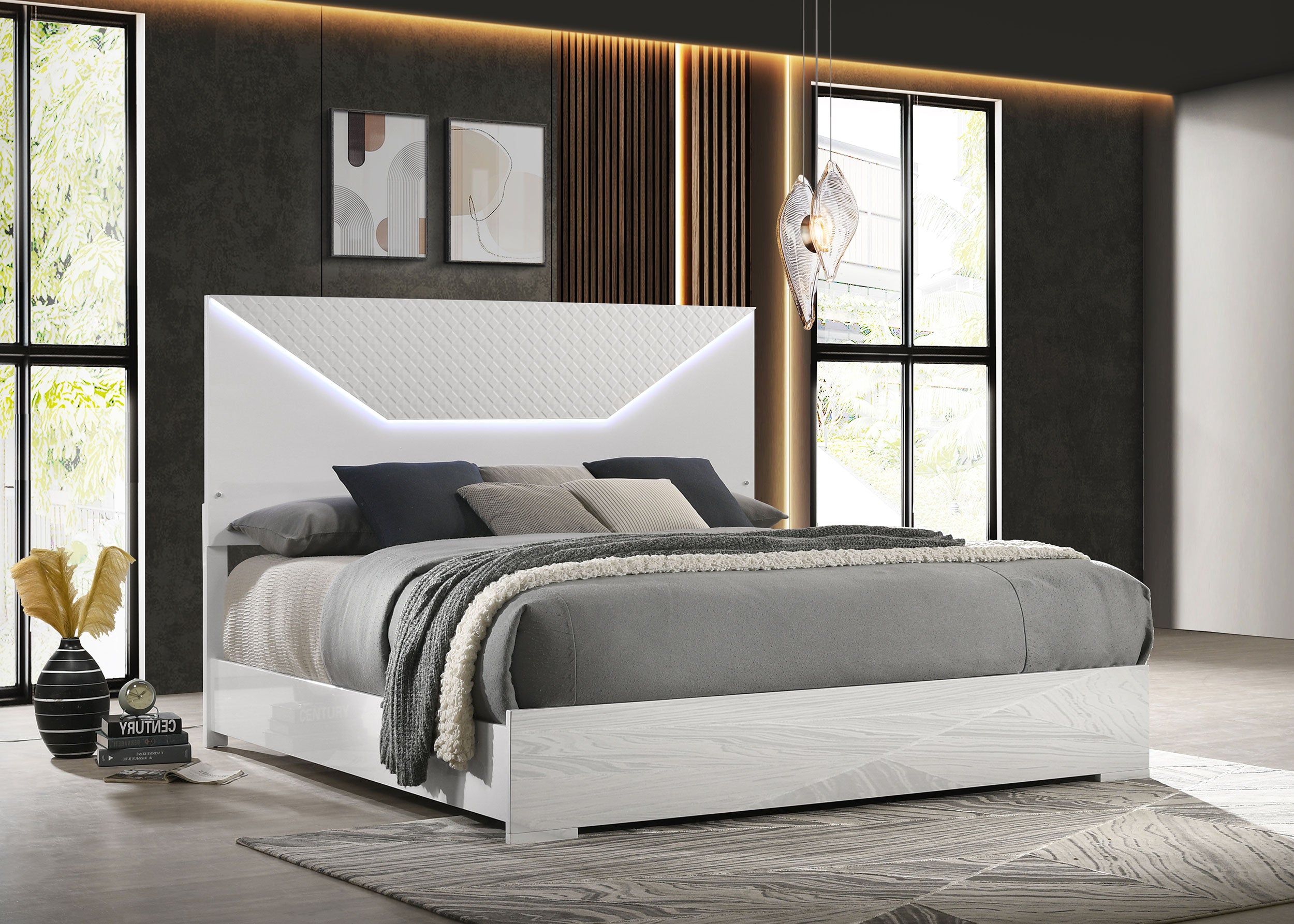 Ives Eastern King Panel Bed Led Headboard White High Gloss
