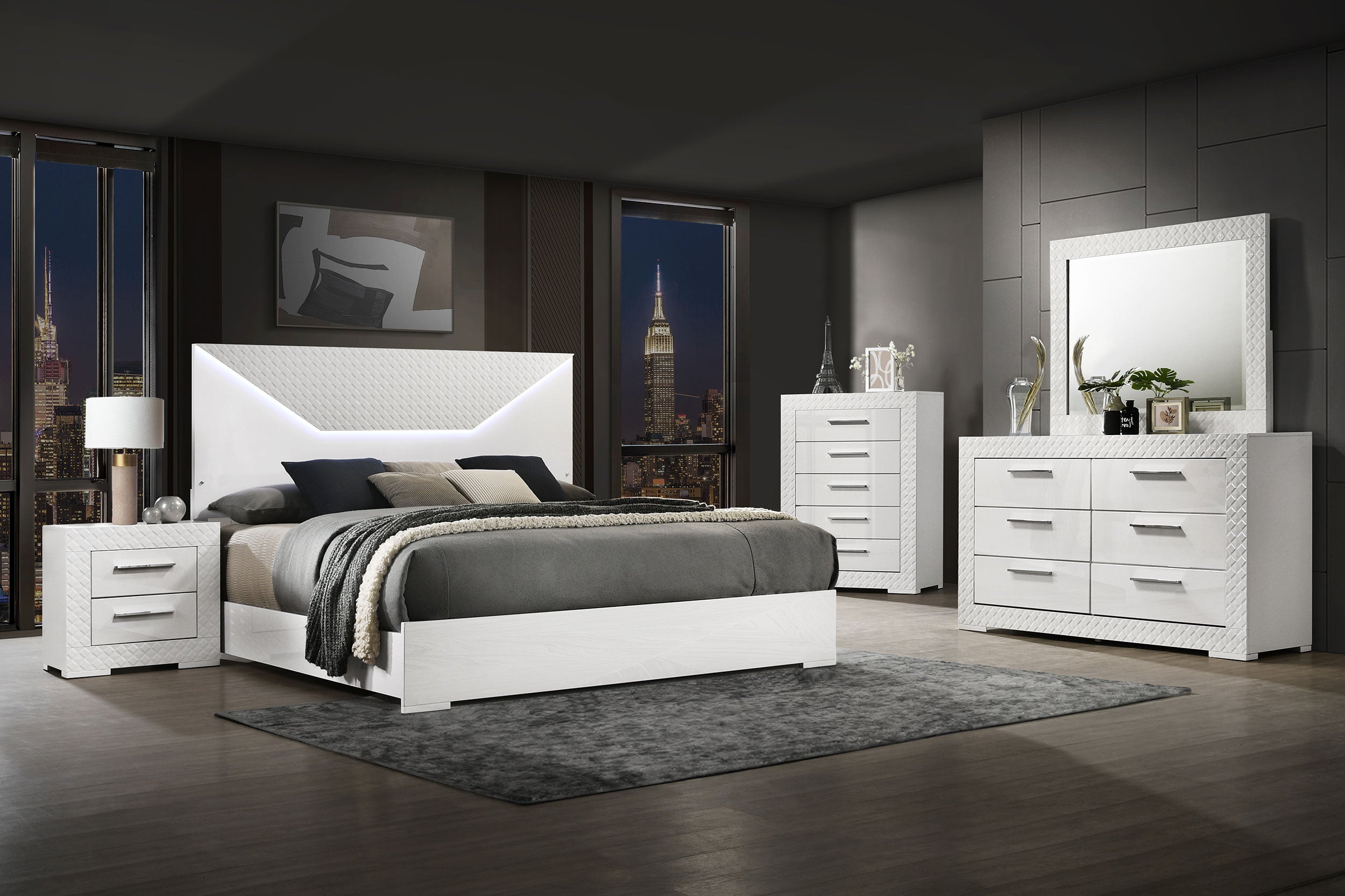 Ives Eastern King Panel Bed Led Headboard White High Gloss