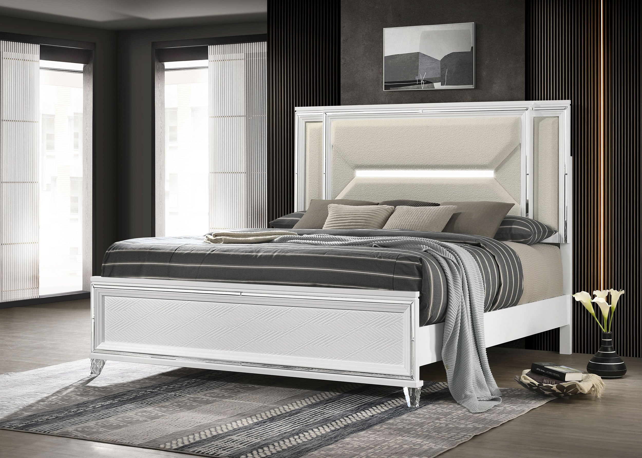 Marmore 64-inch Eastern King Panel Bed Led Headboard White