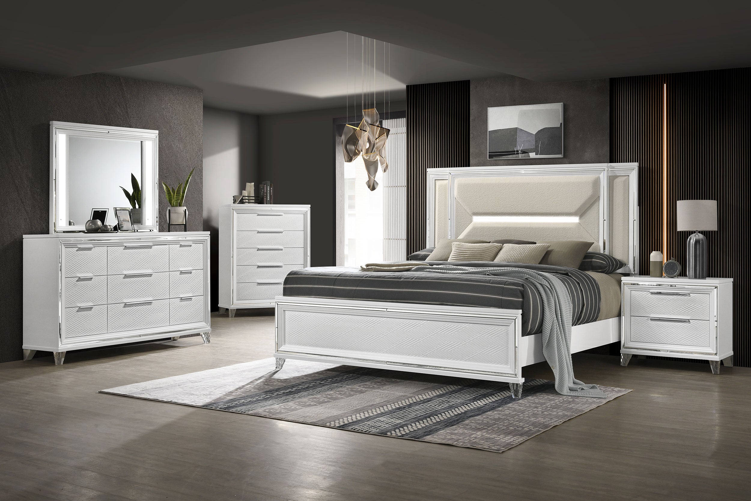 Marmore 64-inch Eastern King Panel Bed Led Headboard White