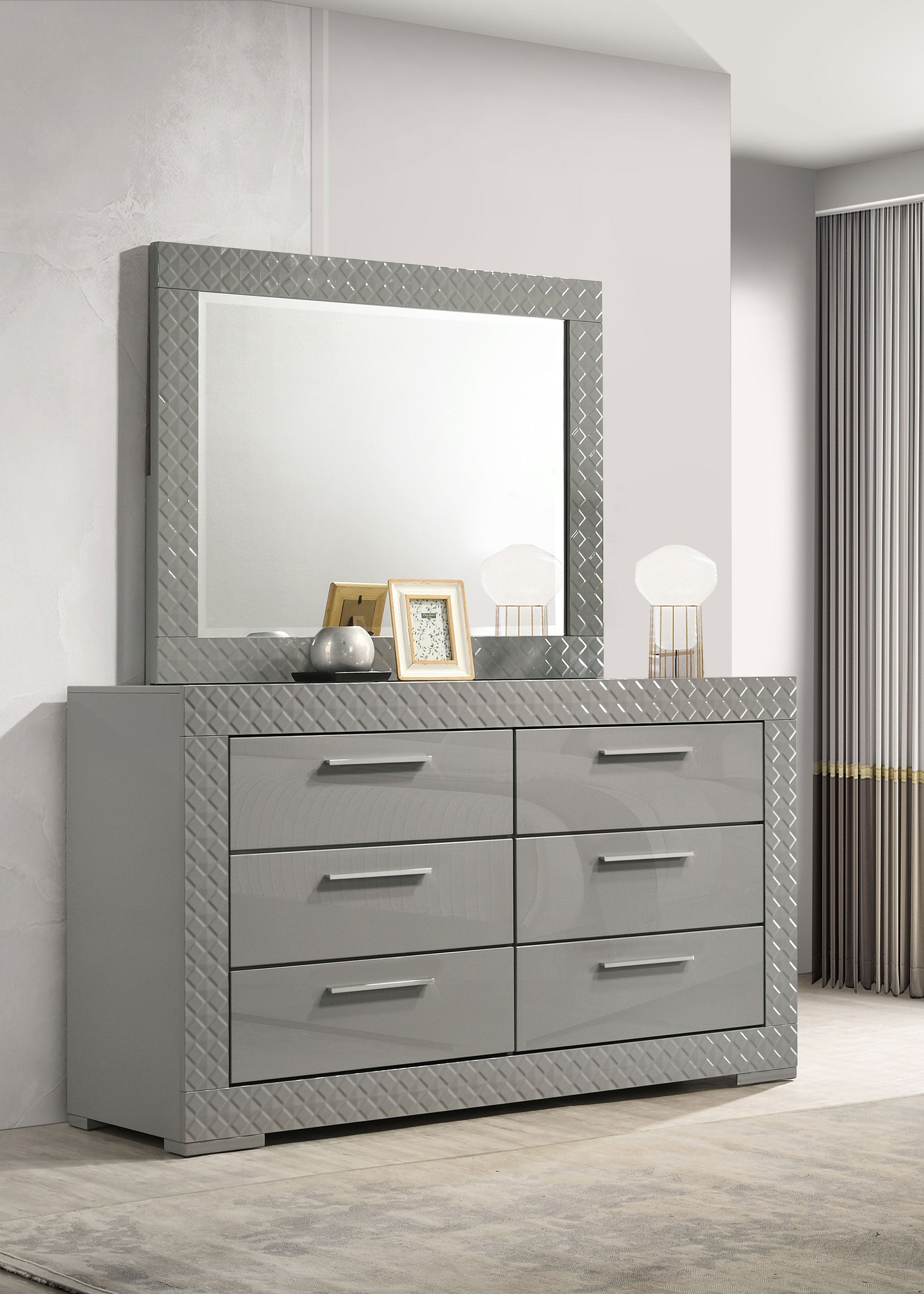 Ives 6-drawer Dresser And Mirror Grey High Gloss