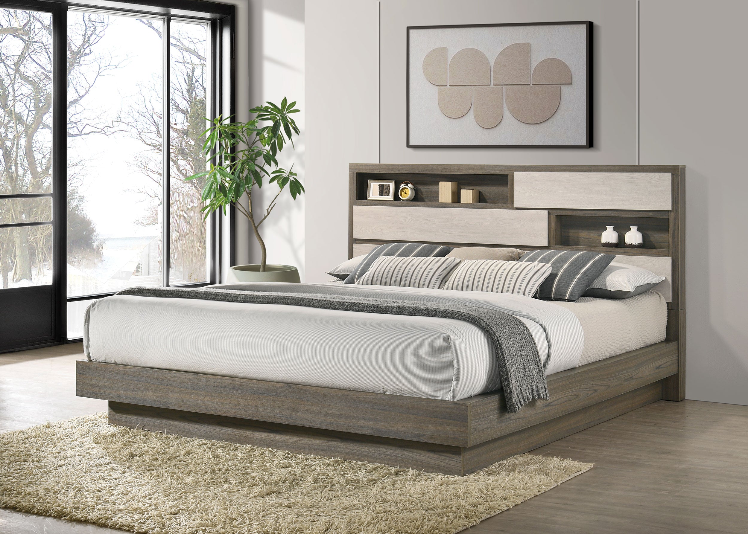 Fenwick California King Bed Bookcase Headboard Grey Oak