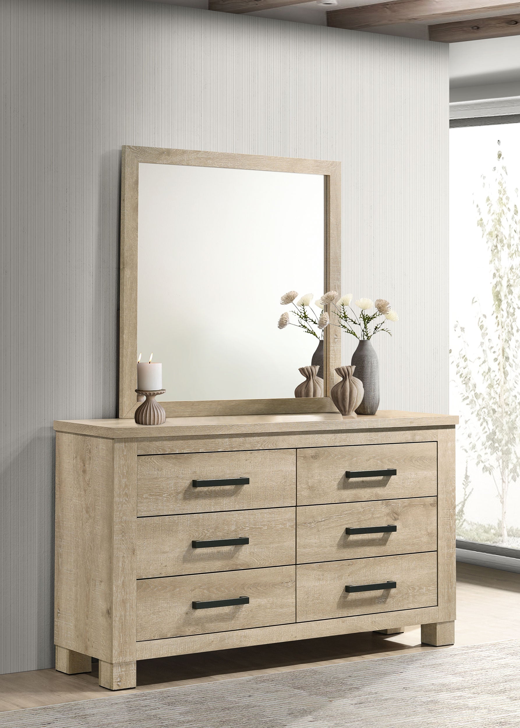 Oakglen 6-drawer Bedroom Dresser And Mirror Weathered Oak