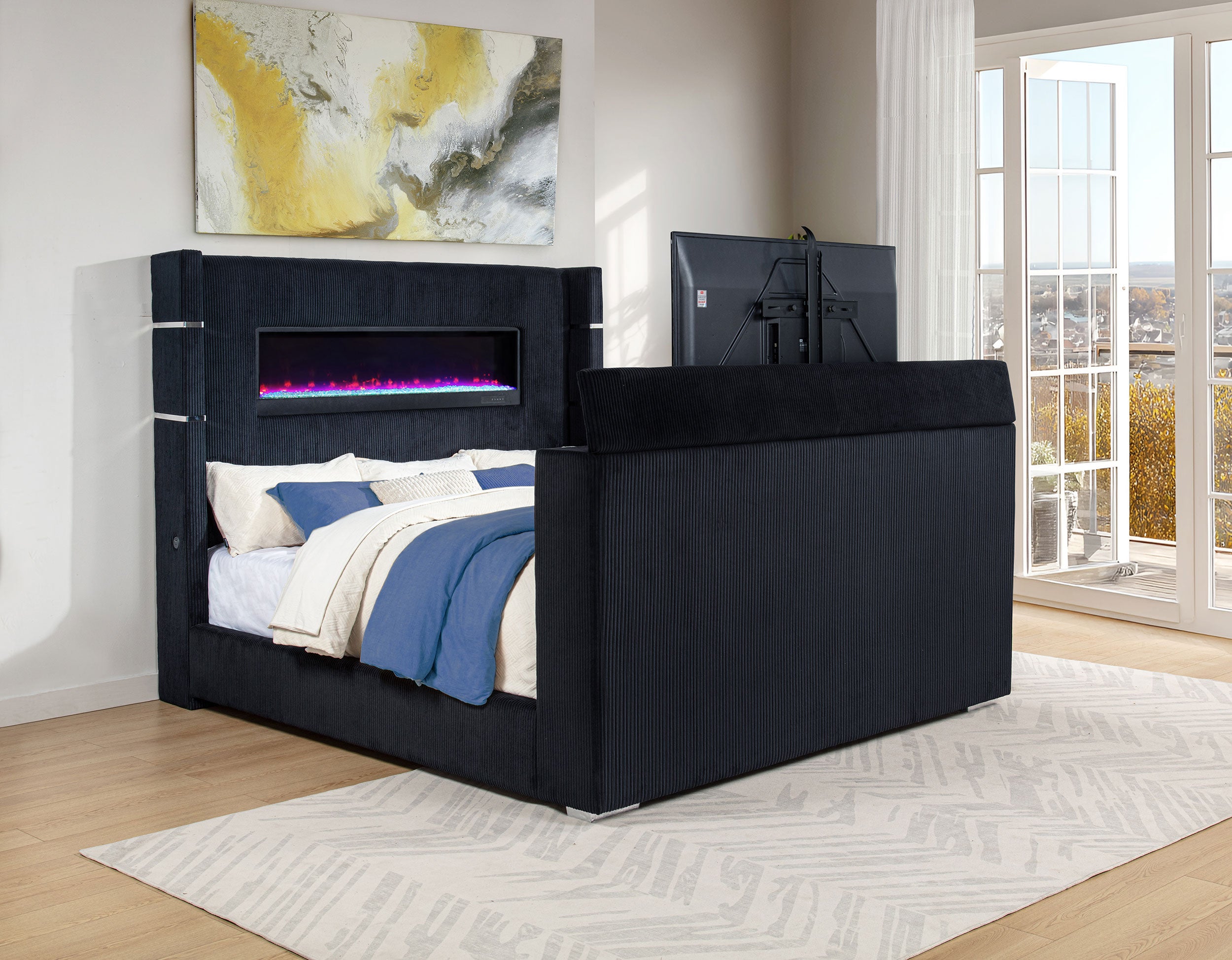 Tisdall Eastern King Flame Visualizer Wingback Tv Bed Black