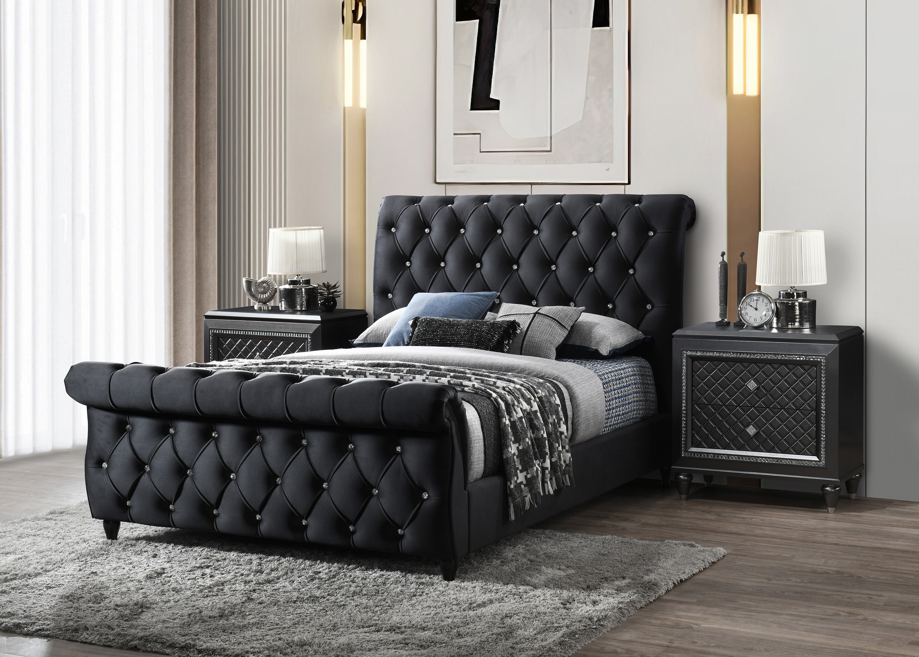 Kyrie Black Queen Upholstered Bed - MyWaynesHome #