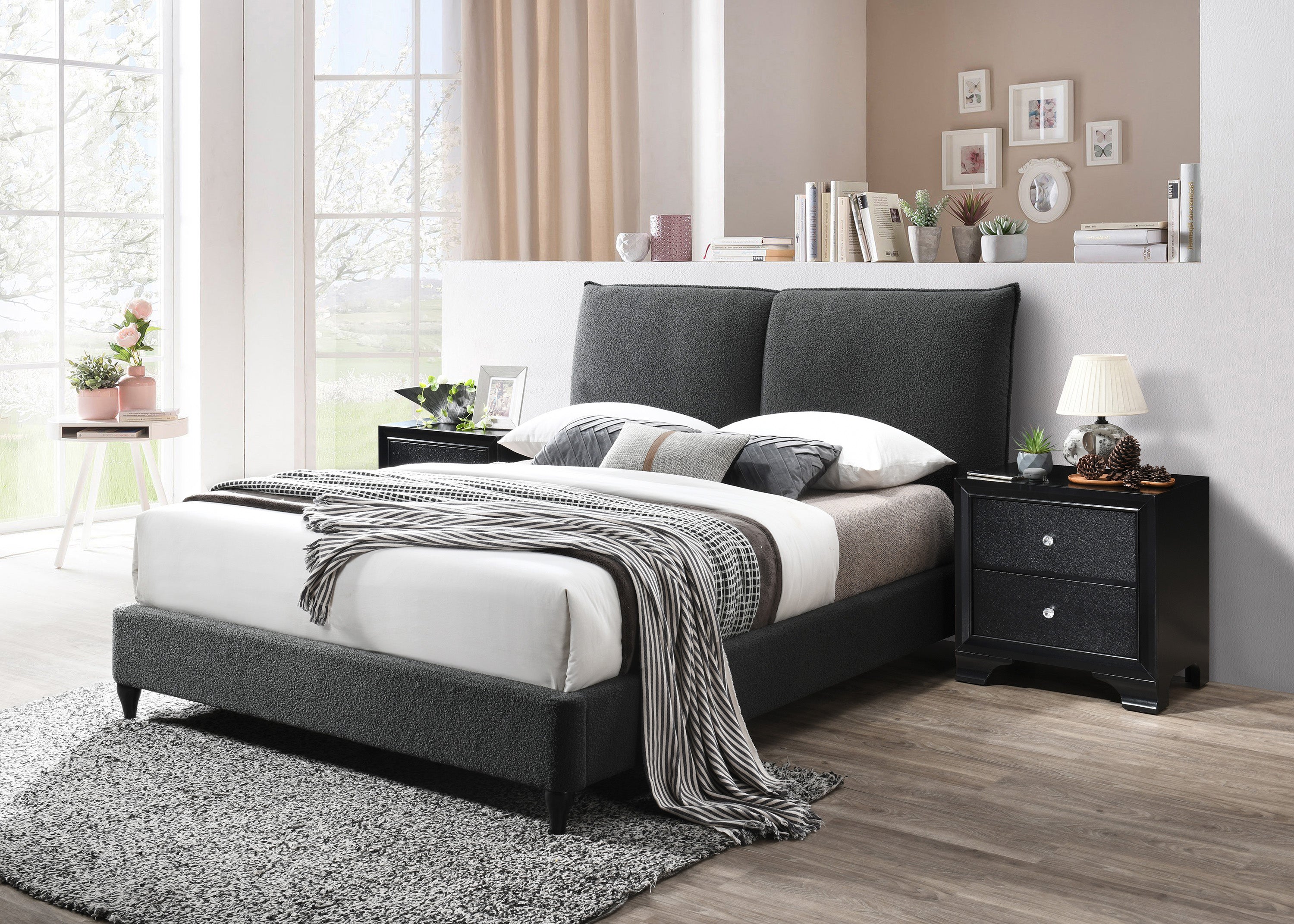 Jenn Charcoal Boucle Queen Upholstered Platform Bed - MyWaynesHome #