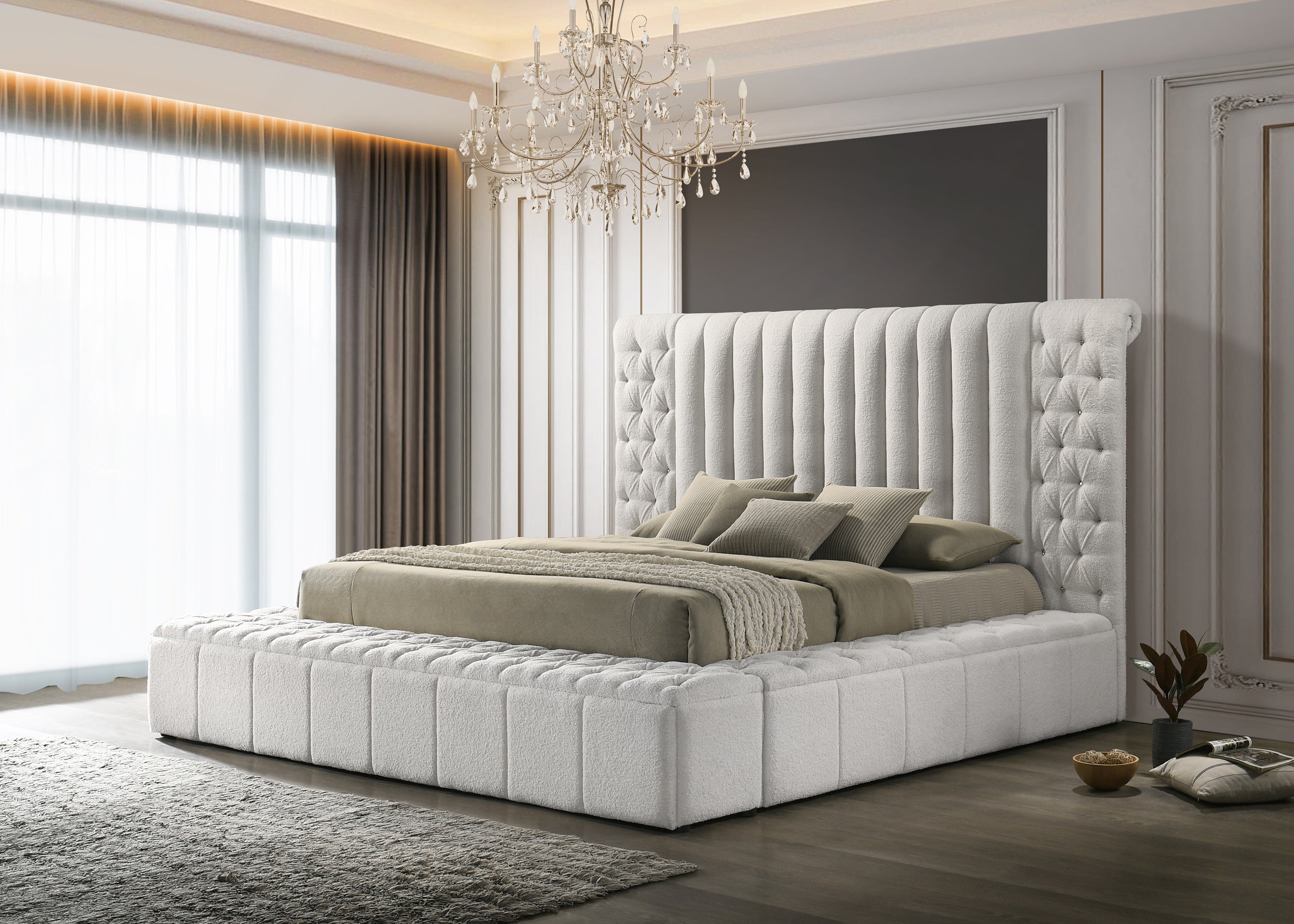 Danbury White Boucle King Upholstered Storage Panel Bed - MyWaynesHome #
