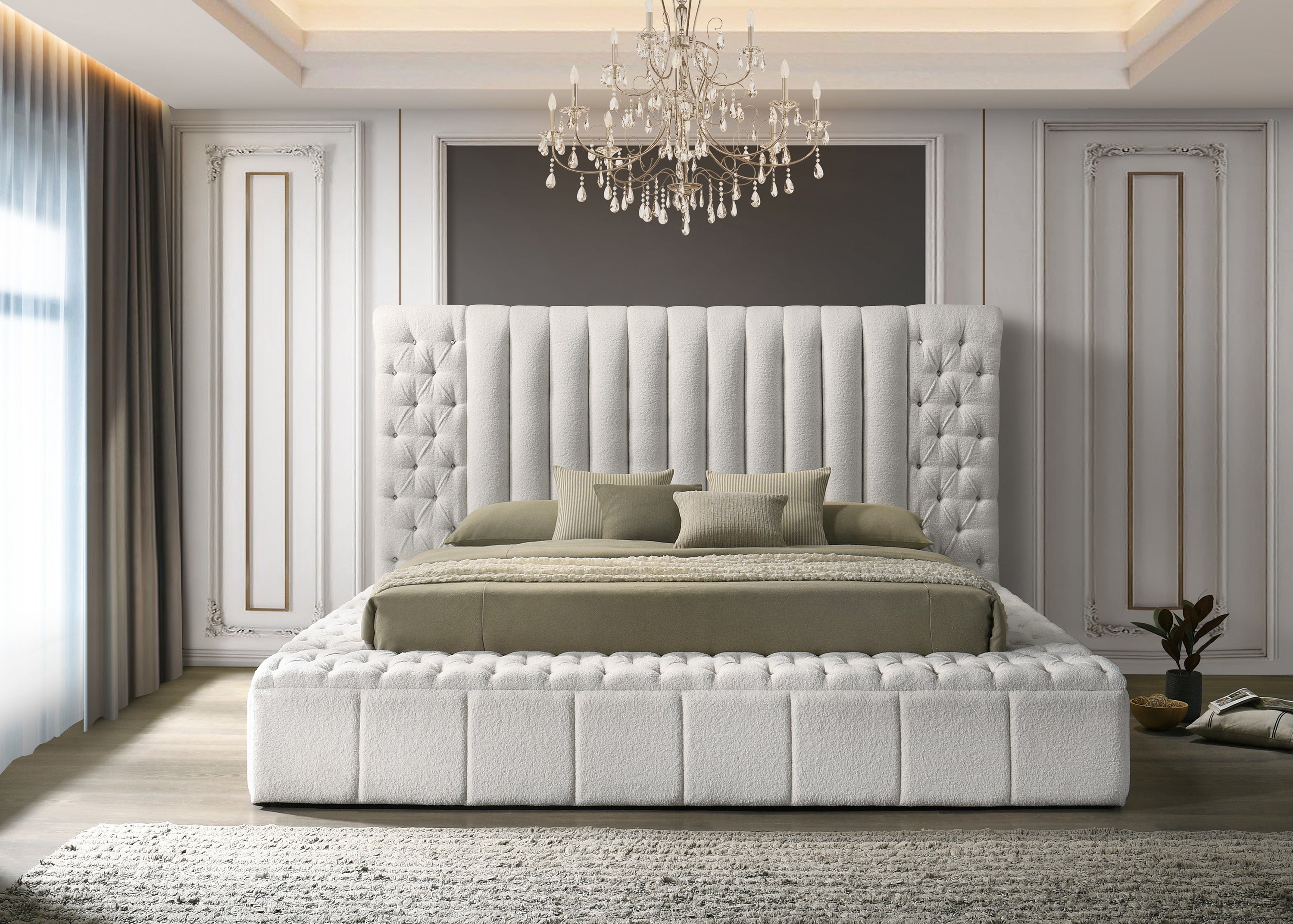 Danbury White Boucle King Upholstered Storage Panel Bed - MyWaynesHome #