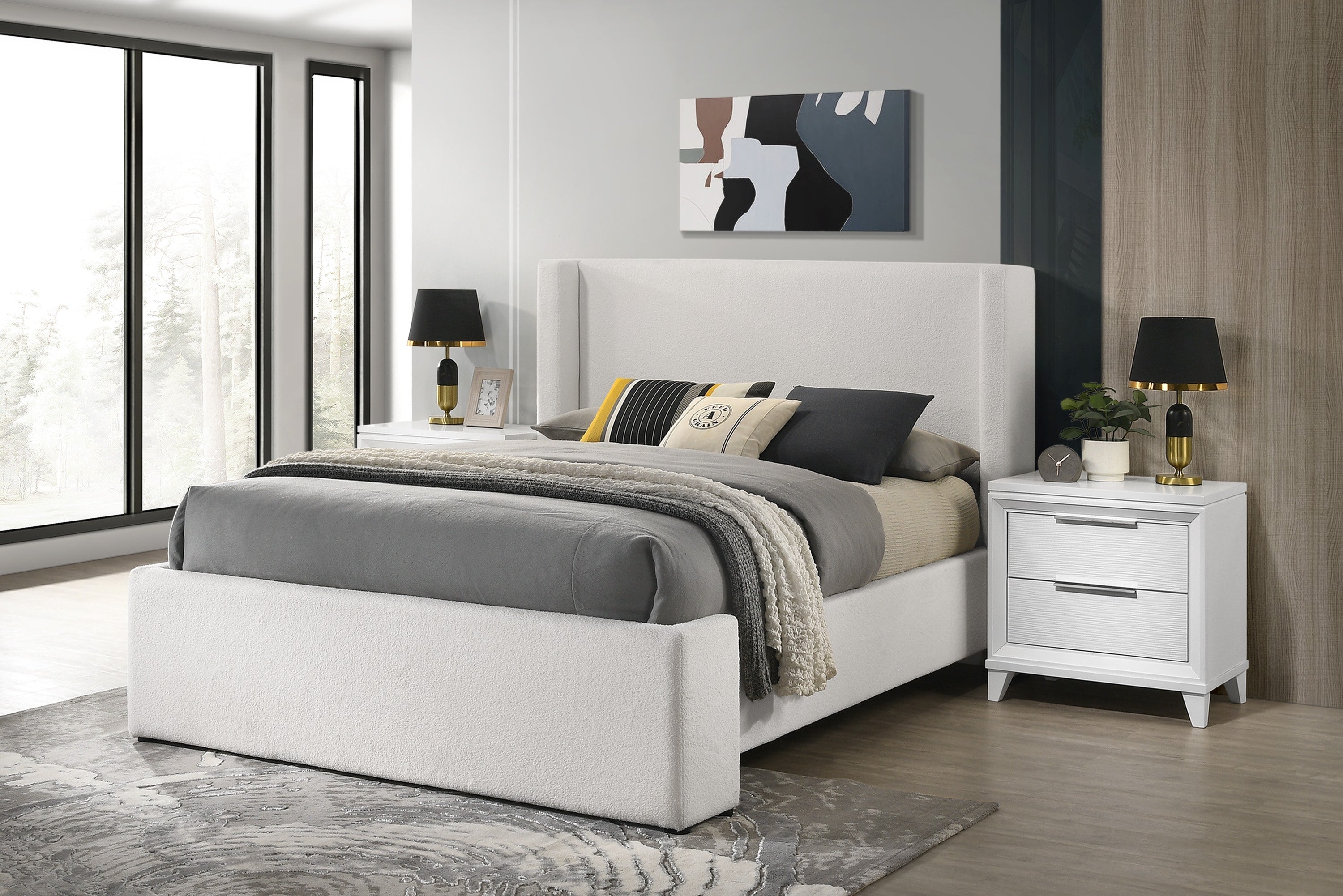Portia White Boucle Queen Upholstered Platform Bed - MyWaynesHome #