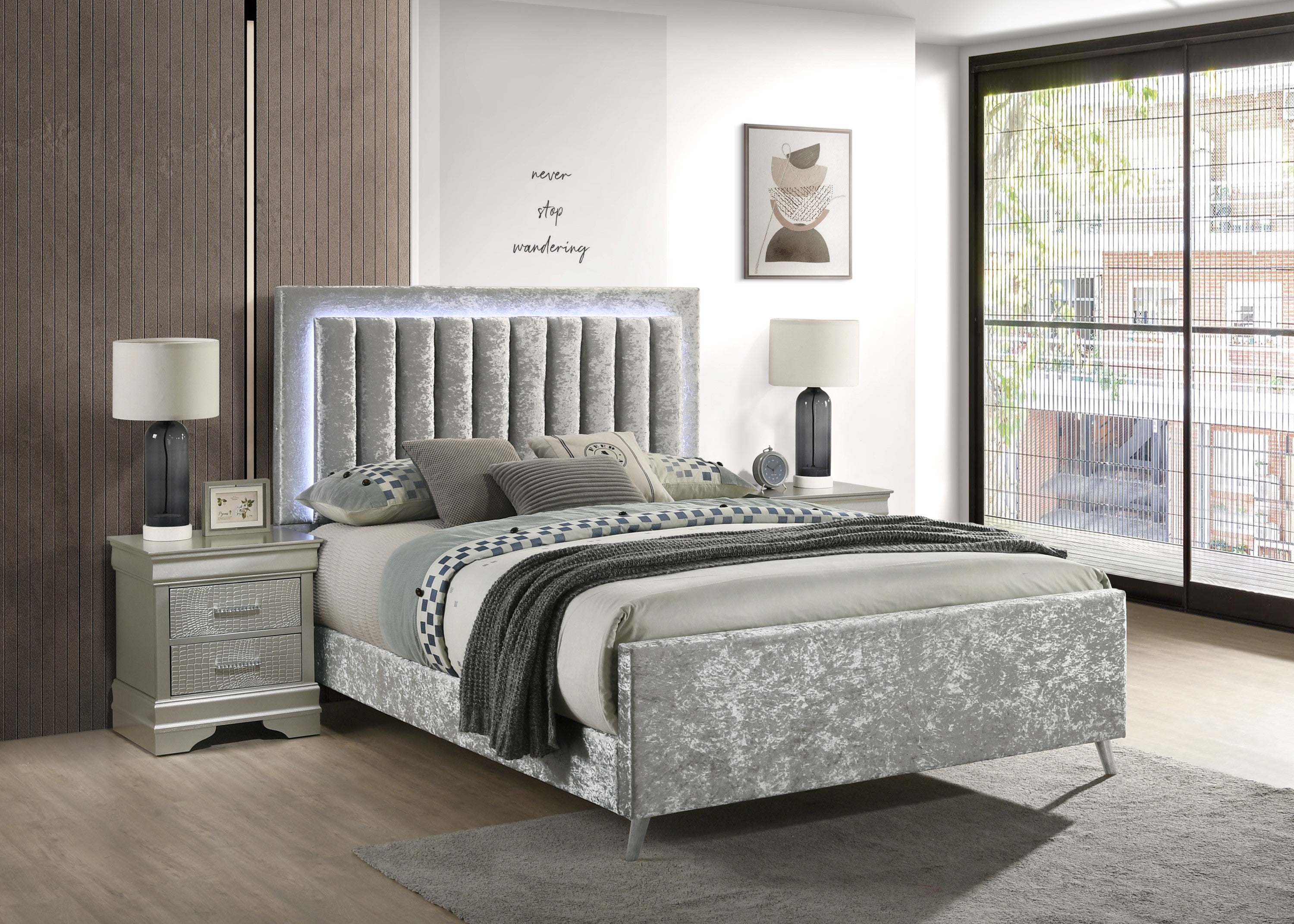 Glisten Silver King LED Upholstered Panel Bed - MyWaynesHome #