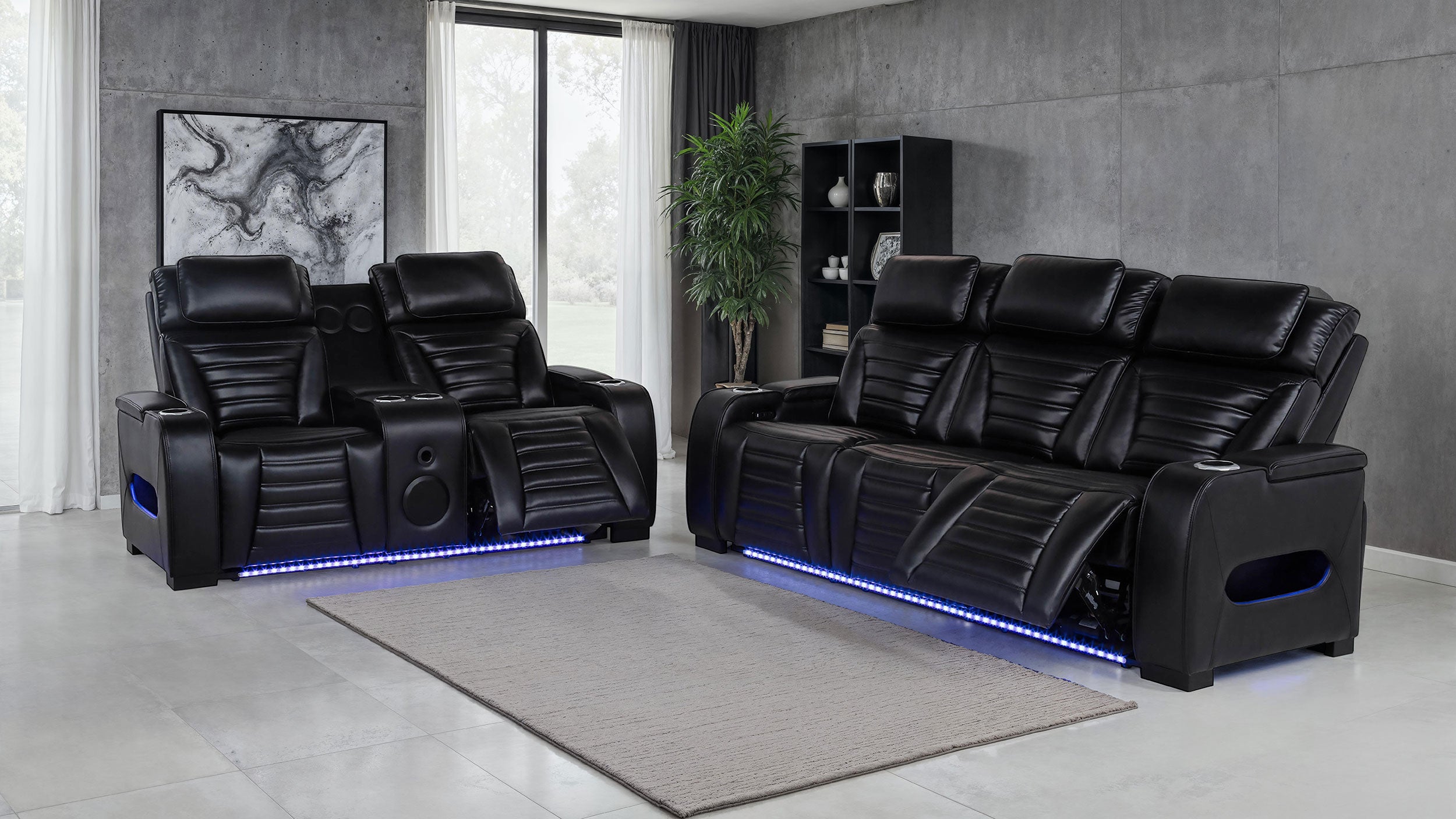Zuma Faux Leather Dual Power Reclining Led Loveseat Black