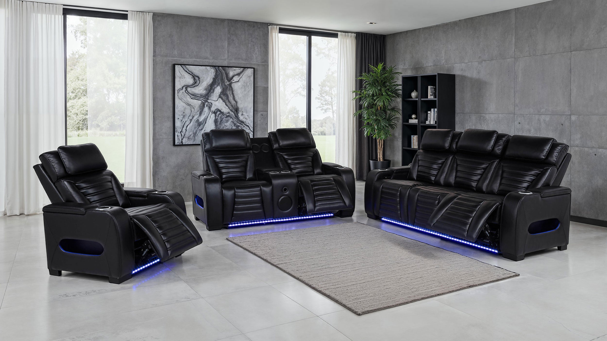 Zuma Faux Leather Dual Power Reclining Led Loveseat Black