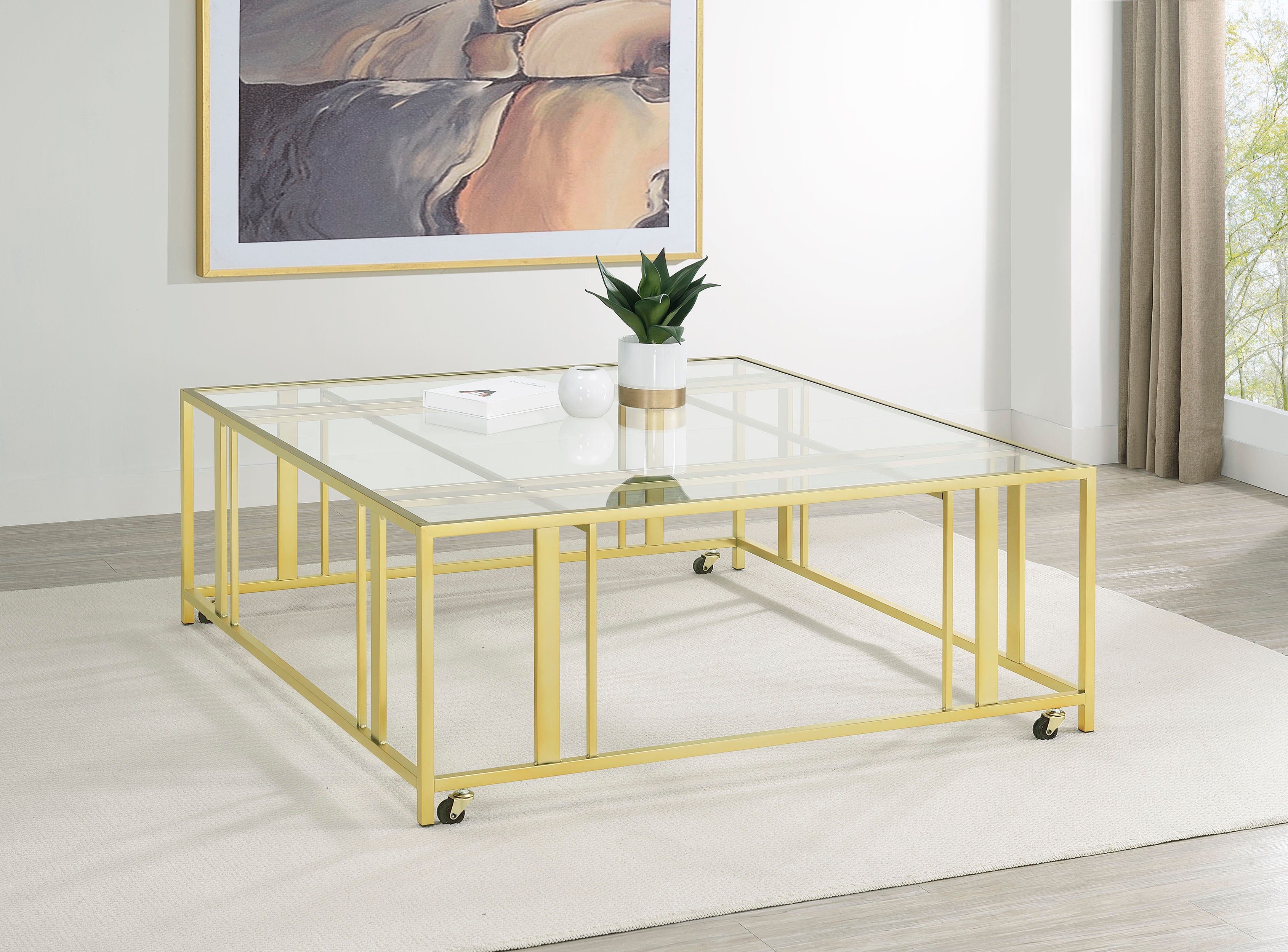 Adri Square Glass Top Coffee Table With Casters Matte Brass