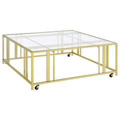 Adri Square Glass Top Coffee Table With Casters Matte Brass