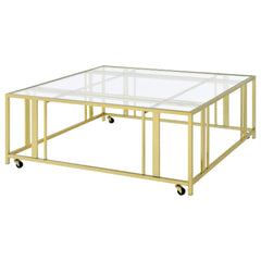 Adri Square Glass Top Coffee Table With Casters Matte Brass