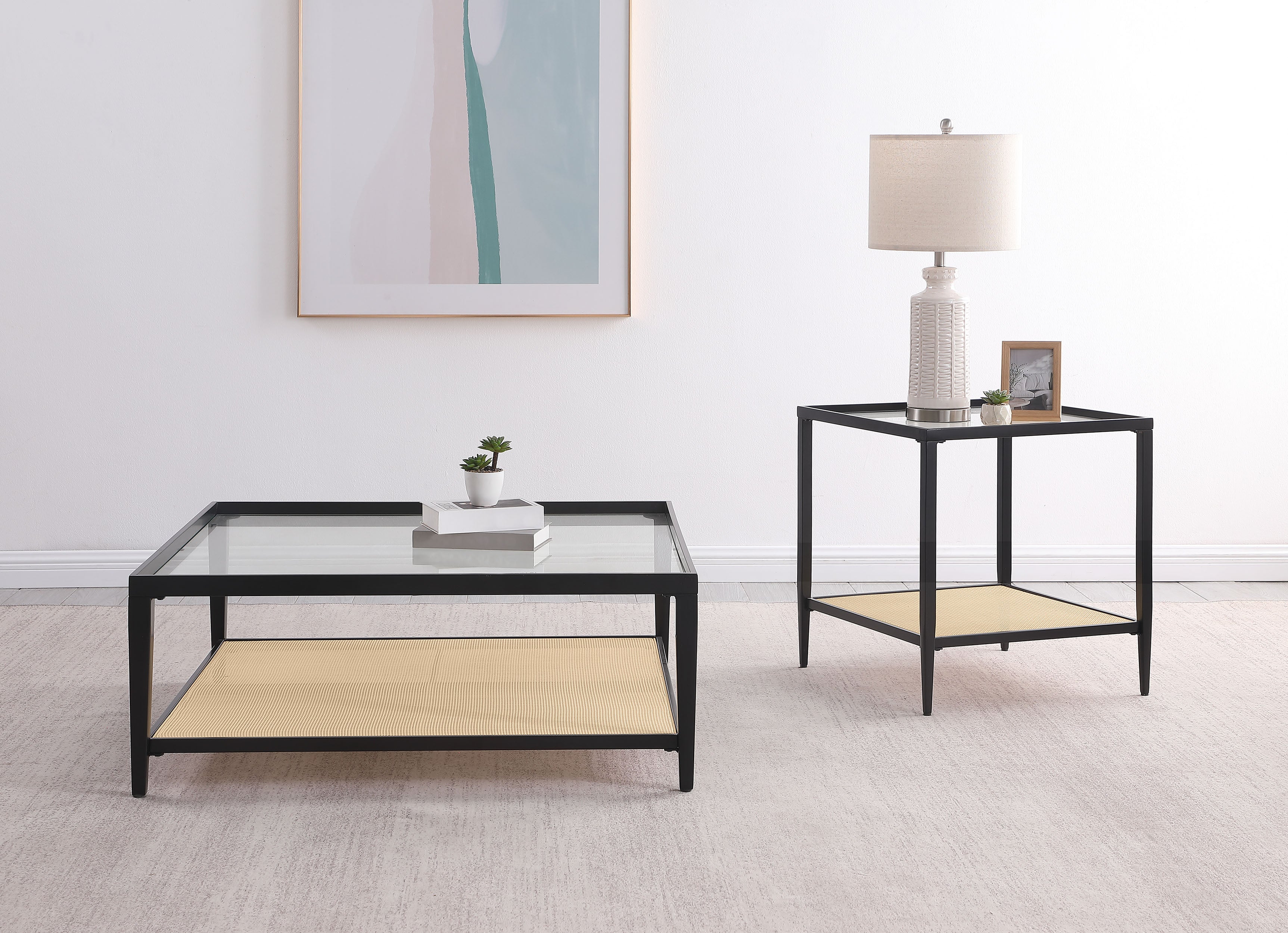 Amherst Glass Top Metal With Cane Shelf Coffee Table Black
