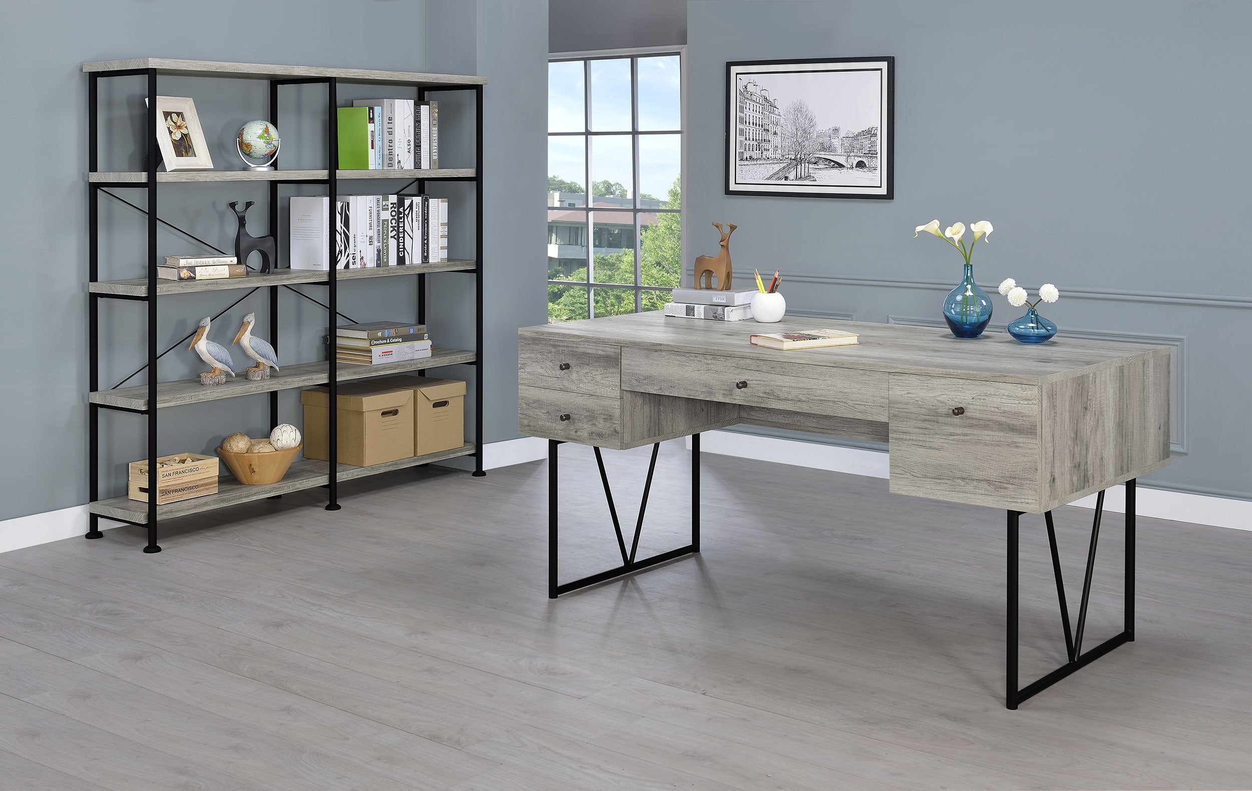 Analiese 63-inch 4-shelf Double Bookshelf Grey Driftwood
