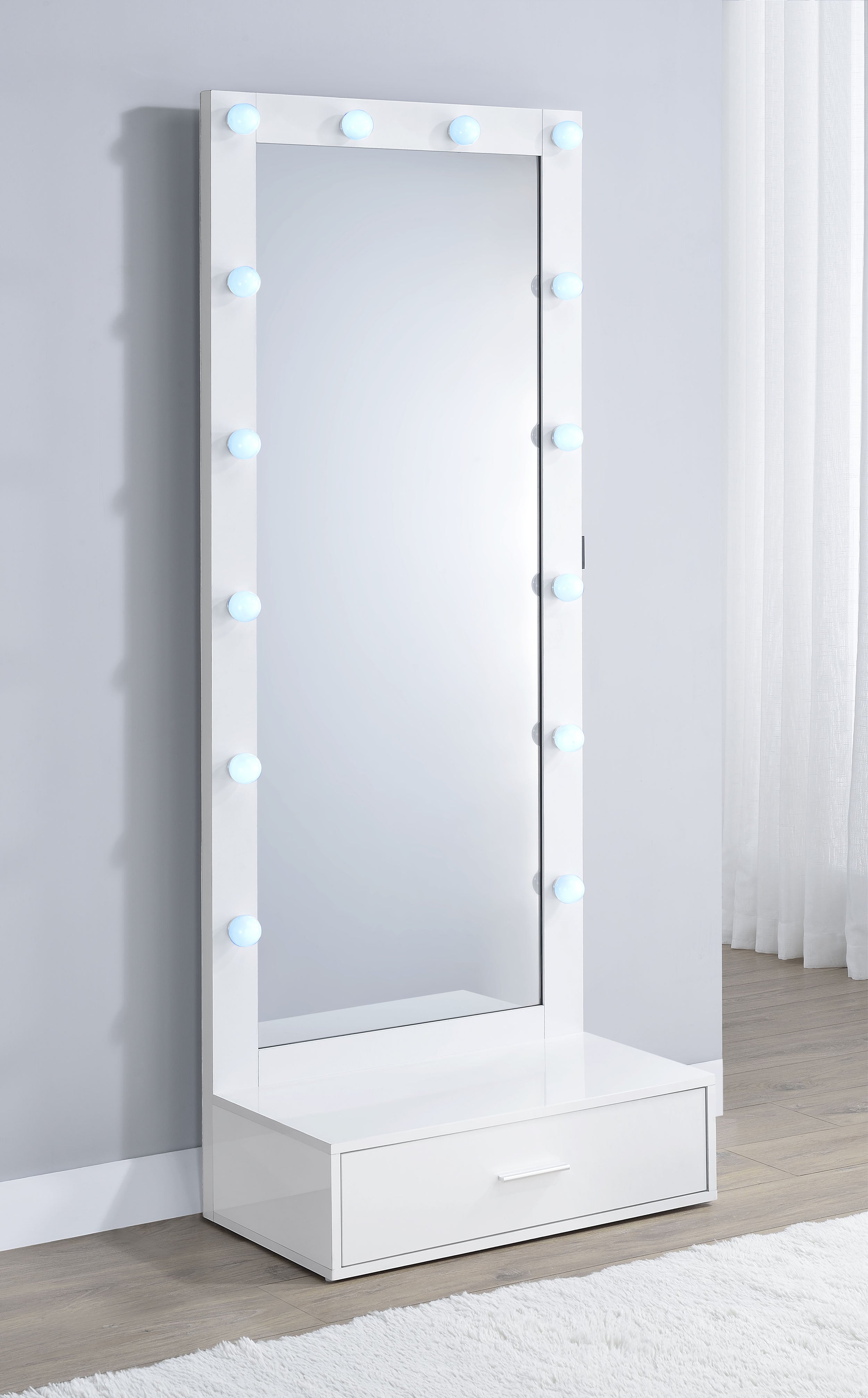 Spector 1-drawer Lighted Full-length Floor Mirror White High Gloss