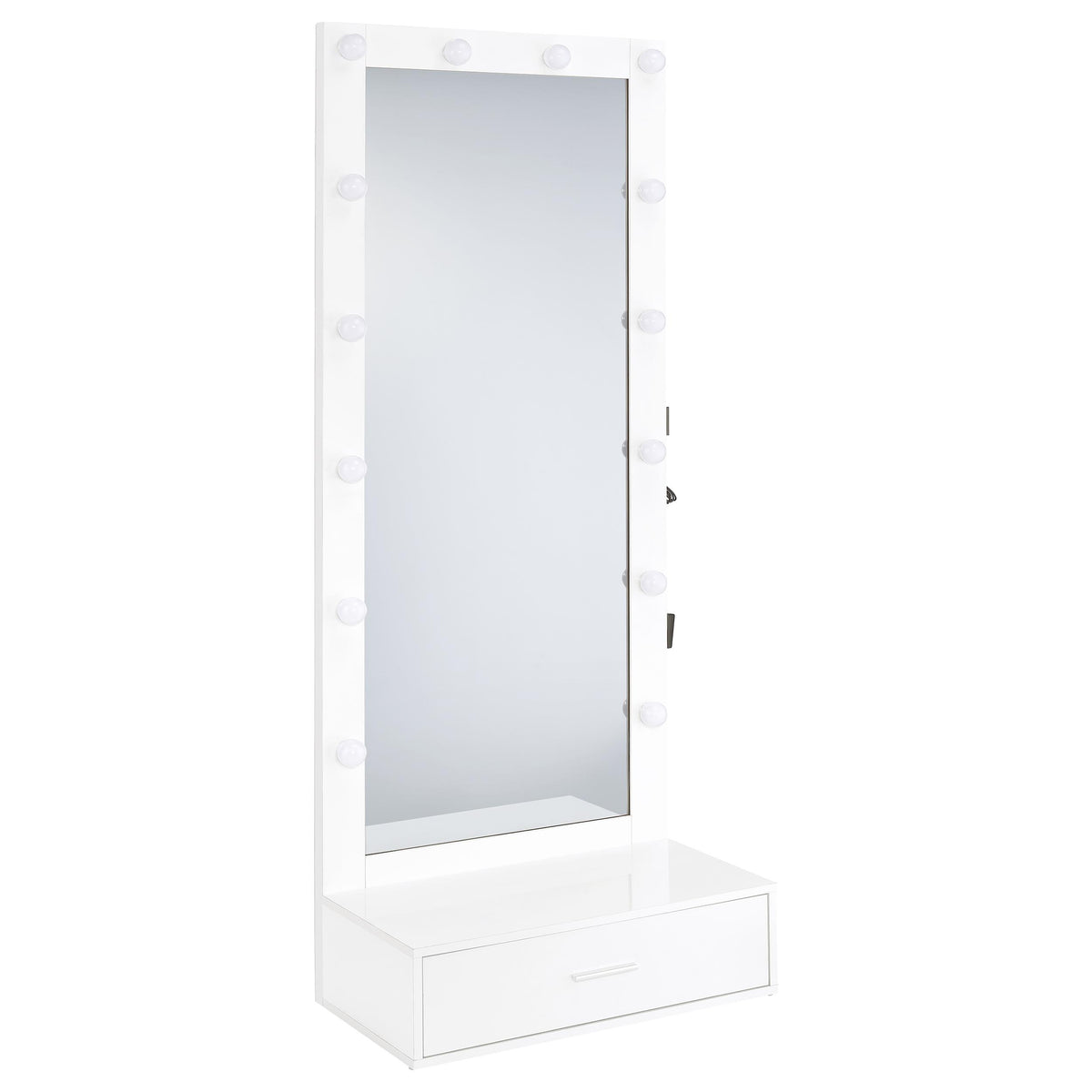 Spector 1-drawer Lighted Full-length Floor Mirror White High Gloss