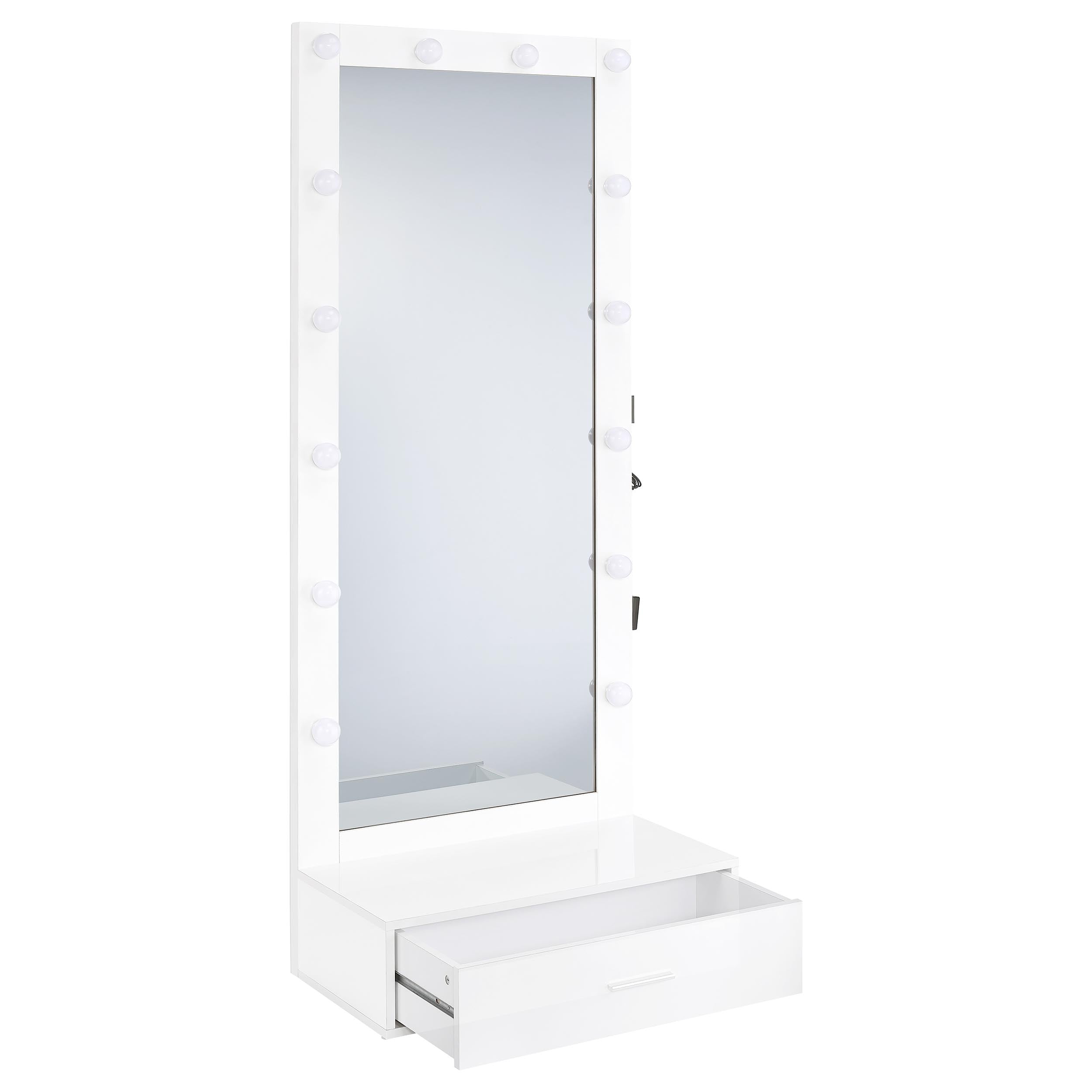 Spector 1-drawer Lighted Full-length Floor Mirror White High Gloss