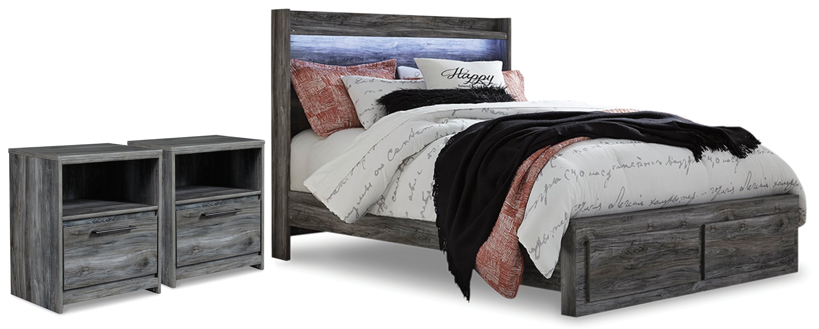 Baystorm Queen Panel Storage Bed and 2 Nightstands