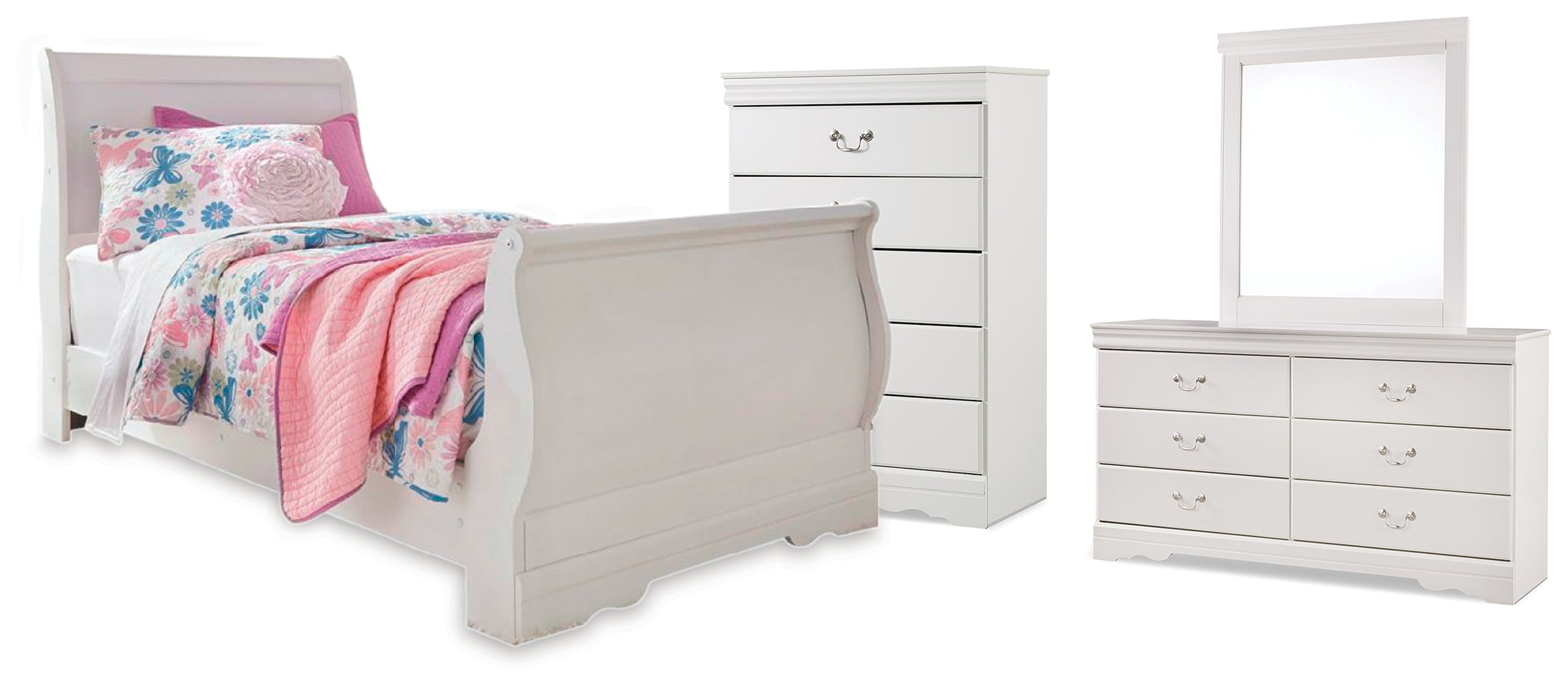 Anarasia Twin Sleigh Bed, Dresser, Mirror and Chest