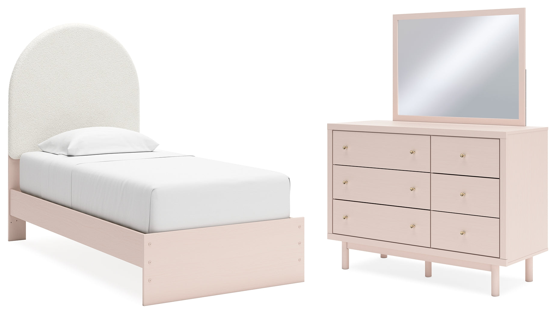 Wistenpine Twin Upholstered Panel Bed, Dresser and Mirror