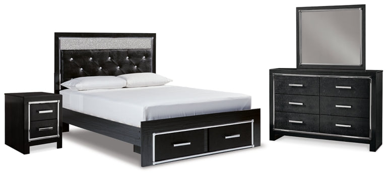 Kaydell Queen Upholstered Storage Bed, Dresser, Mirror and Nightstand